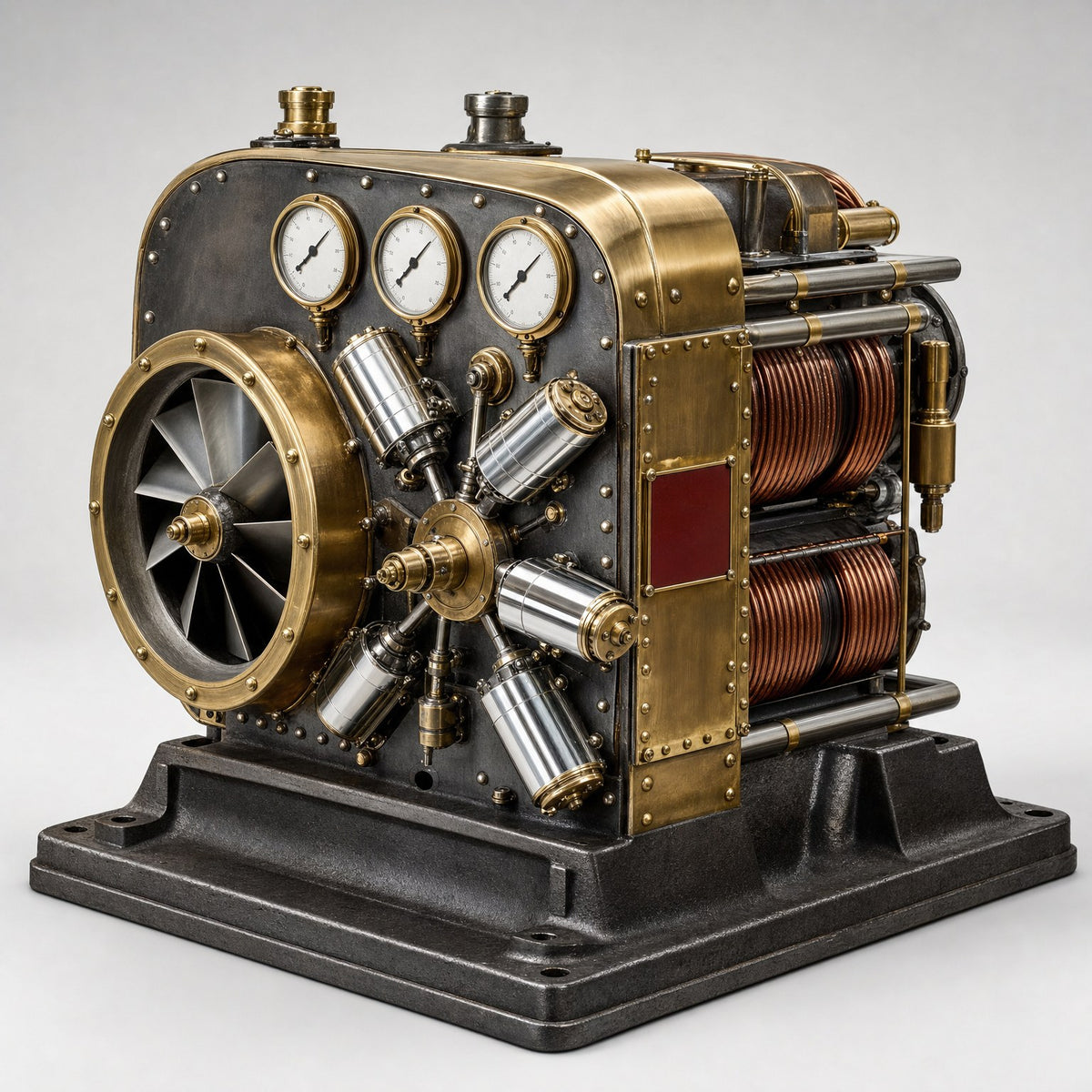 Turbo Encabulator Mk VII seen from the front, showing the bladed intake fan and three analogue dials.