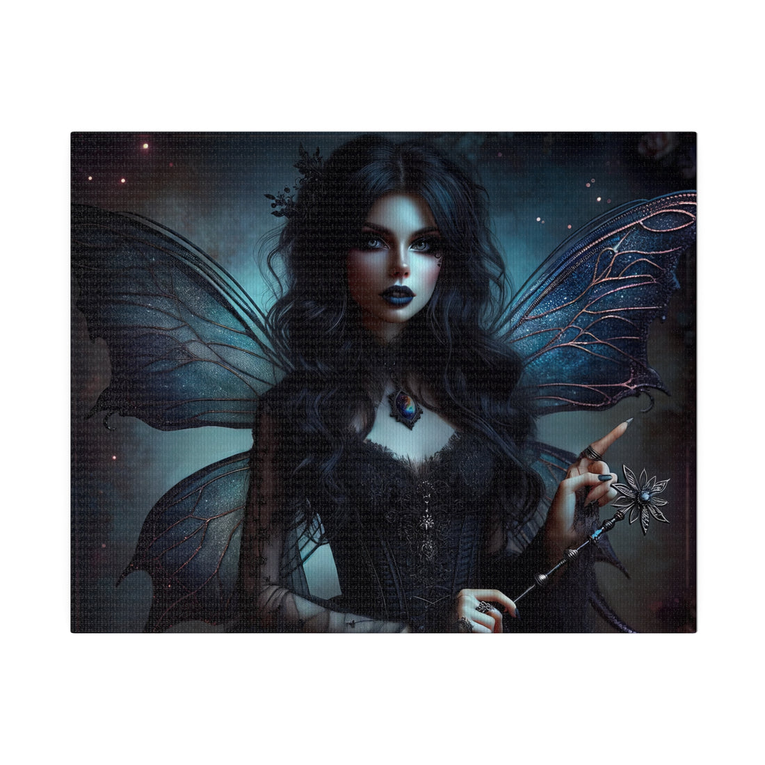  A dark-haired woman with raven-like wings stands in a mystical, dimly lit setting. She has a serious expression and is dressed in dark, ethereal clothing. The image conveys a mysterious and otherworldly atmosphere, fitting for a ‘Midnight’s Muse’ theme.