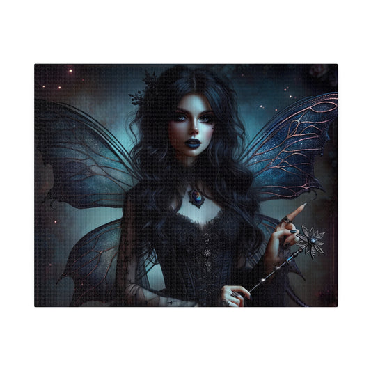  A dark-haired woman with raven-like wings stands in a mystical, dimly lit setting. She has a serious expression and is dressed in dark, ethereal clothing. The image conveys a mysterious and otherworldly atmosphere, fitting for a ‘Midnight’s Muse’ theme.