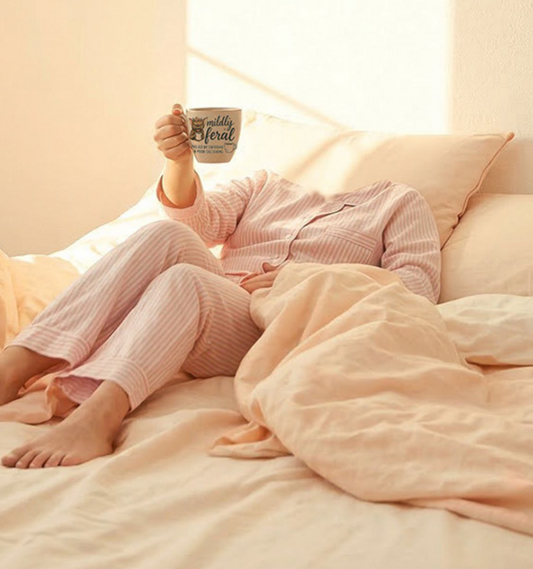 a headless person in pinked striped pajamas with a coffee mug that reads "Mildy Feral". Warm sunlight coming through the window while the person is laying in bed with peach sheets and comforter. 