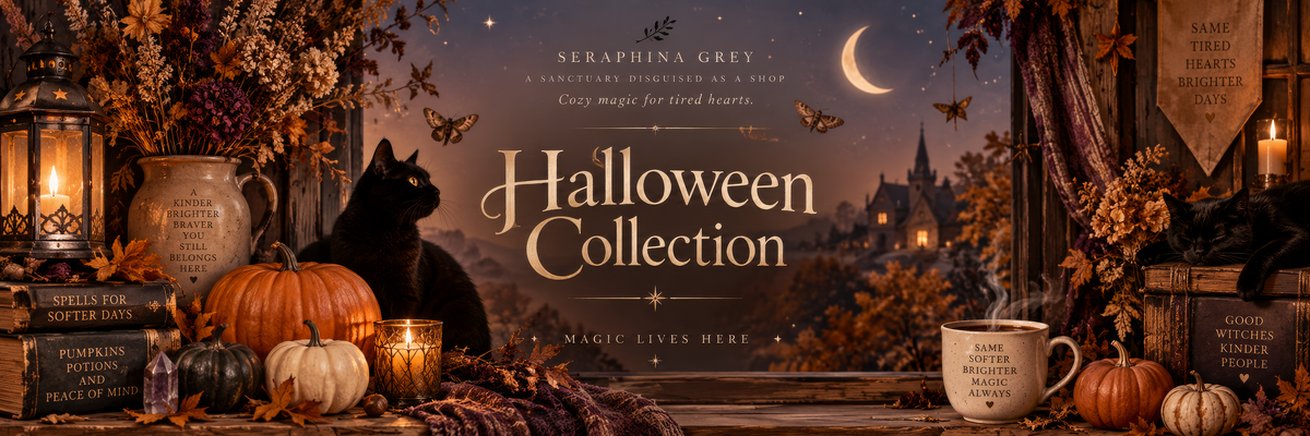 Seraphina Grey Halloween Collection banner: black cats, pumpkins and a lit gothic house under a crescent moon.