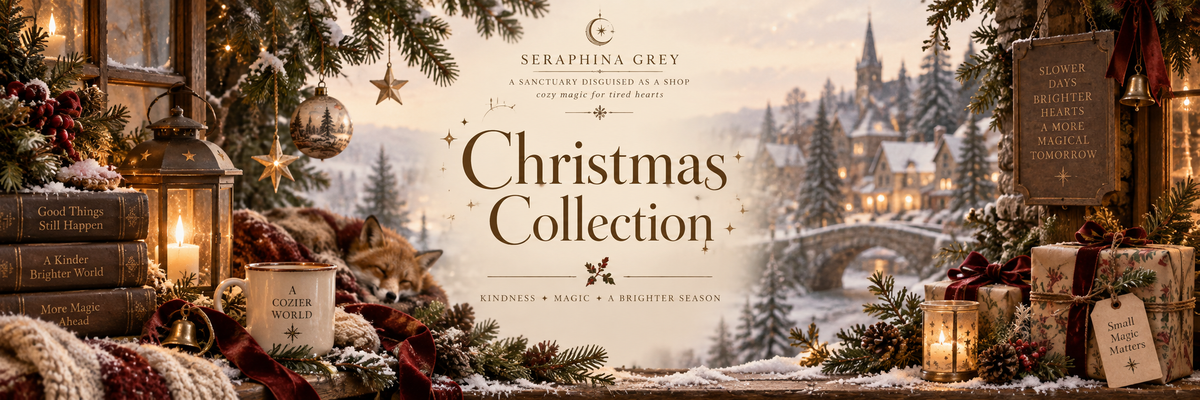 Seraphina Grey Christmas Collection banner: a sleeping fox, lanterns and a snowy village.