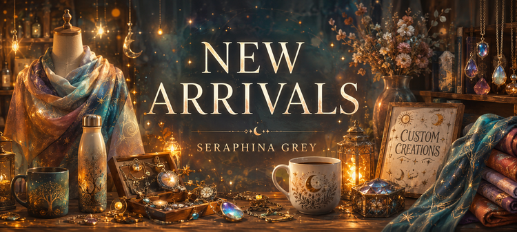 New Arrivals’ banner for Seraphina Grey featuring cream roses, a crescent moon key, stars, and an ornate vintage-style floral border.