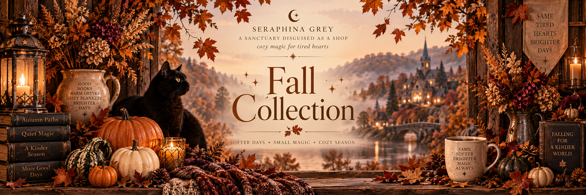 Seraphina Grey Fall Collection banner: a black cat among pumpkins, lanterns and stacked books, with autumn leaves over a misty lake and village, reading 'Fall Collection — Softer Days, Small Magic, Cozy Season'.