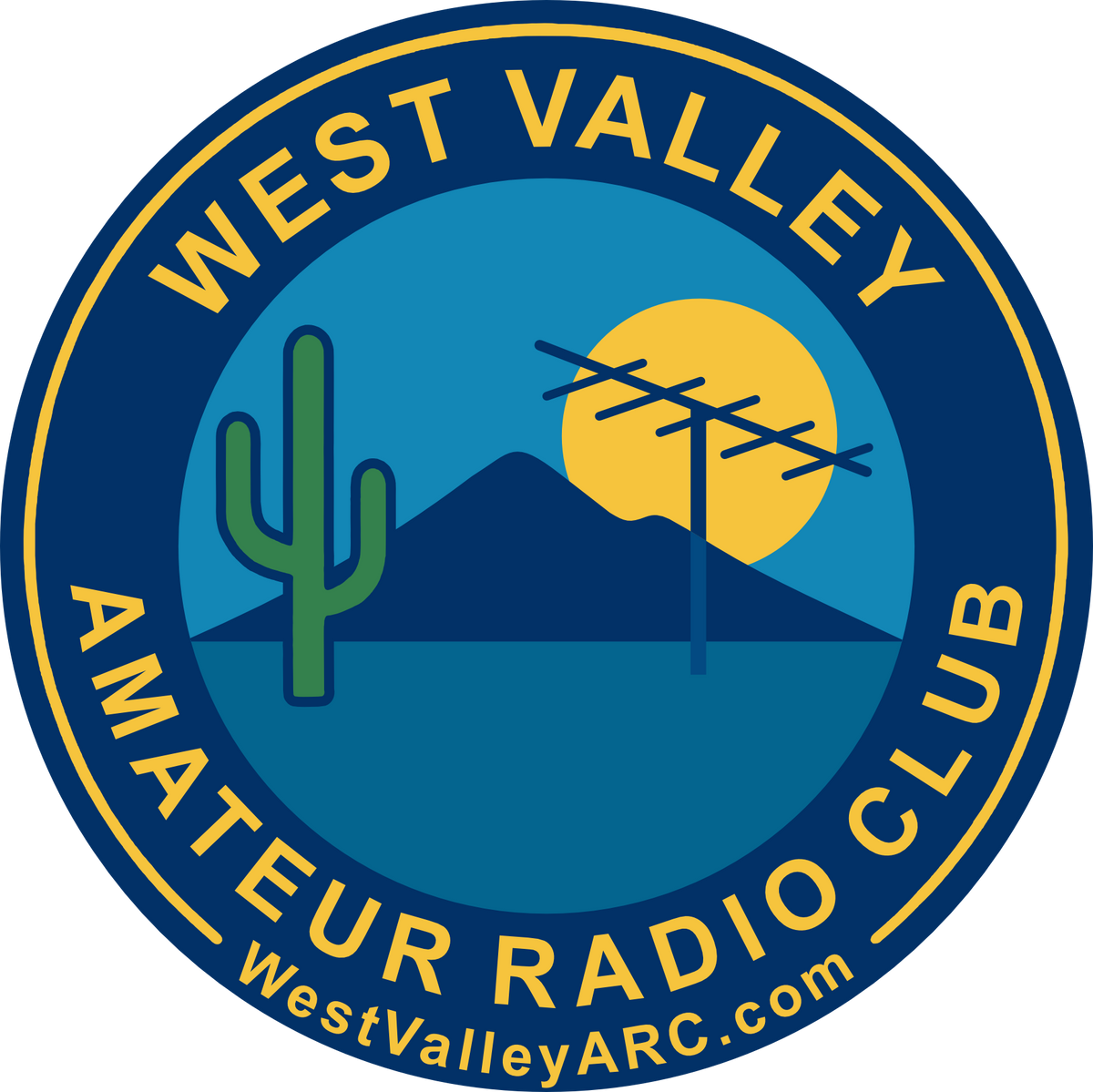 West Valley Amateur Radio Club logo featuring a saguaro cactus, mountain, rising sun, and radio antenna above the text ‘West Valley Amateur Radio Club’ and ‘WestValleyARC.com.’