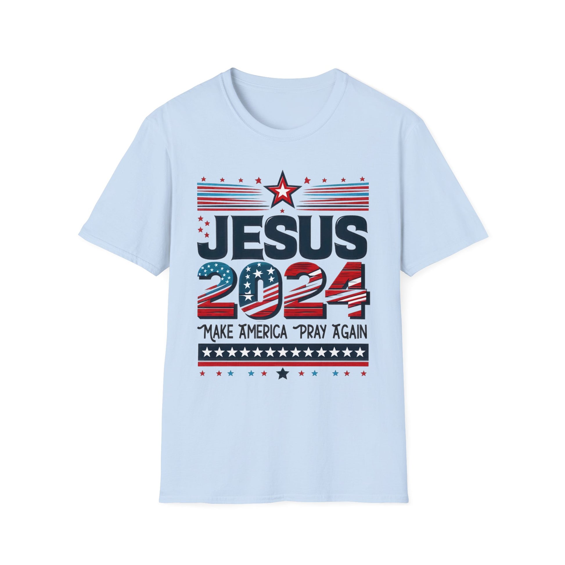 Light blue t-shirt with a design that features ‘JESUS 2024’ in bold letters, styled with stars and stripes. Below it, the phrase ‘Make America Pray Again’ is displayed, surrounded by star accents.”