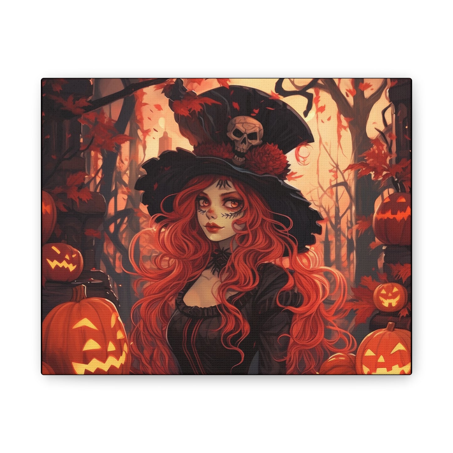 A canvas print titled “Pumpkin Queen” depicts a red-haired witch with a skull-adorned black hat, standing in a spooky forest filled with carved pumpkins and autumn leaves. The scene is bathed in warm, eerie lighting, enhancing the Halloween atmosphere.