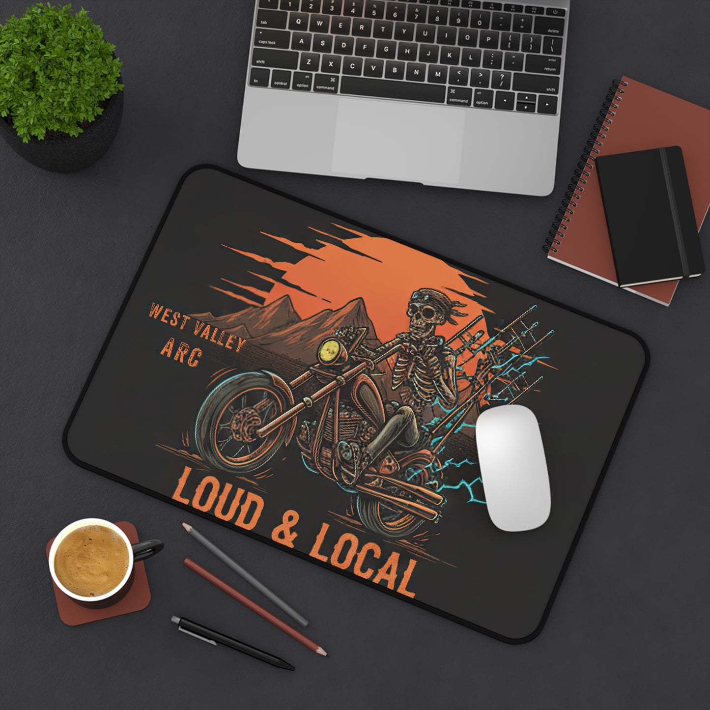 Desk Mat — "Loud & Local" Skeleton Rider Radio Tower Motorcycle Gaming/Work Mousepad