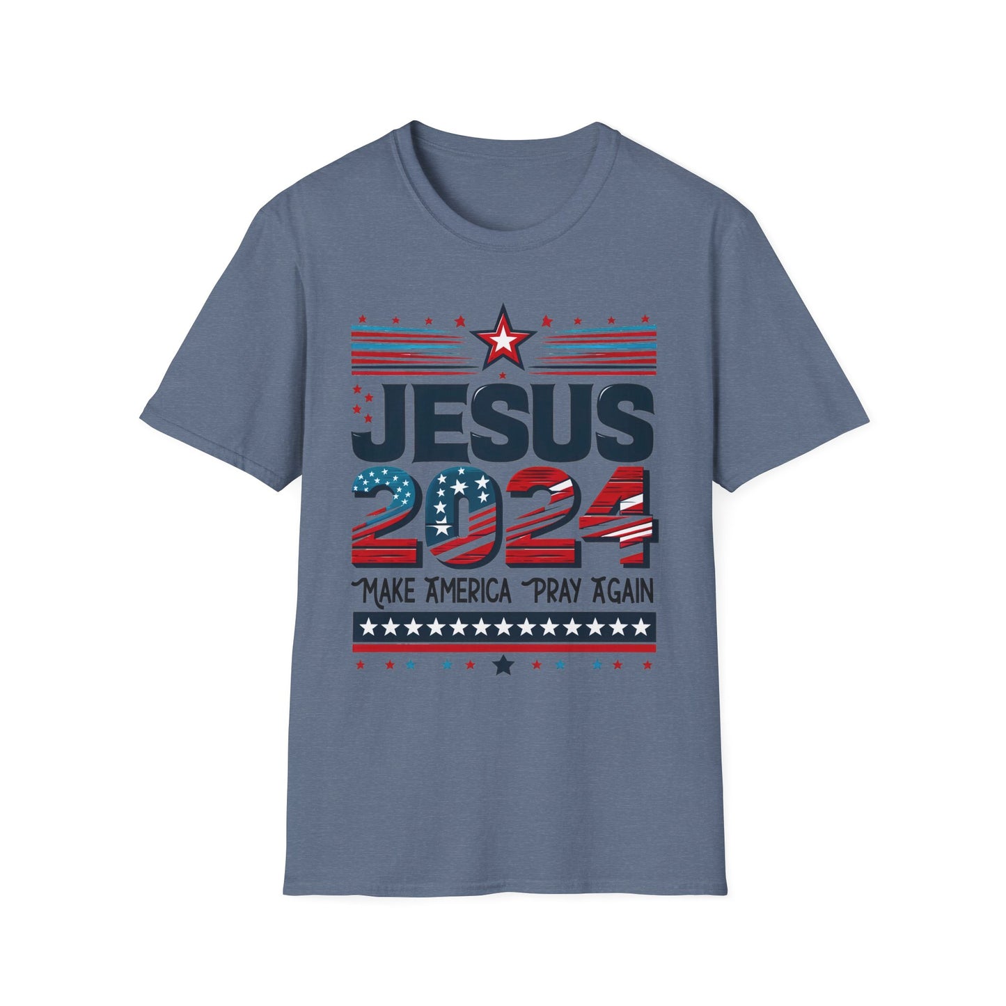 Heather Indigo colored t-shirt with a design that features ‘JESUS 2024’ in bold letters, styled with stars and stripes. Below it, the phrase ‘Make America Pray Again’ is displayed, surrounded by star accents.”