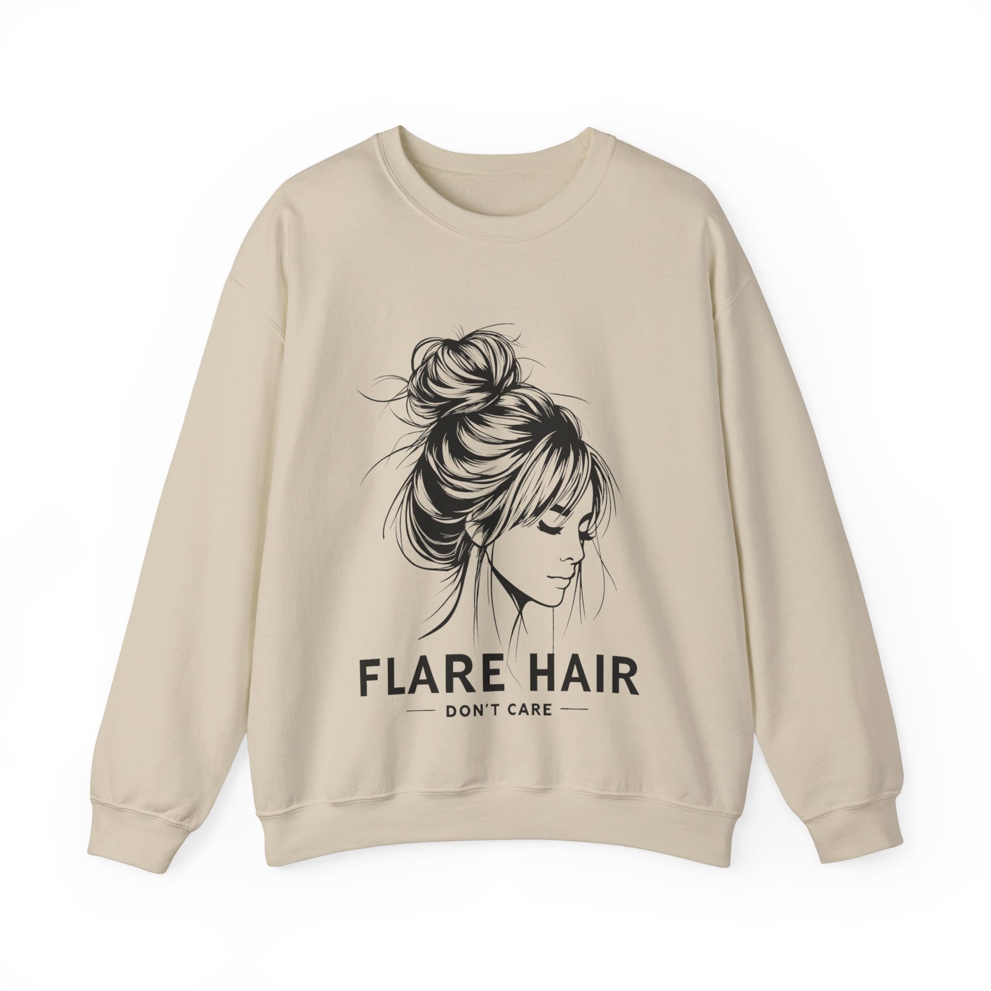 This image shows a sand-colored crewneck sweatshirt with the text “FLARE HAIR DON’T CARE” printed on the front. The design includes a black illustration of a woman with her hair in a messy bun. The sweatshirt is displayed flat against a plain white background, clearly showcasing the design and text.