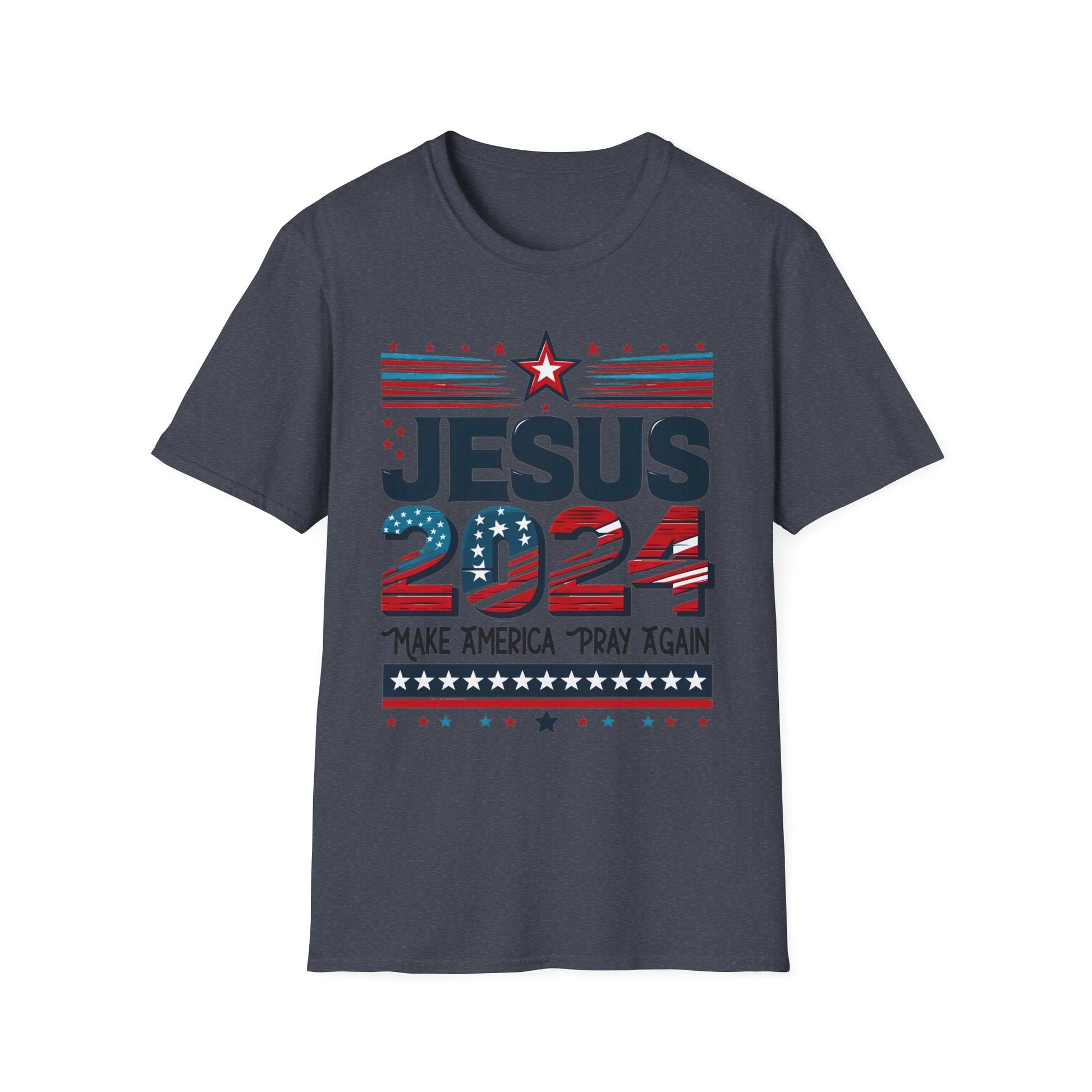 Heather Navy colored t-shirt with a design that features ‘JESUS 2024’ in bold letters, styled with stars and stripes. Below it, the phrase ‘Make America Pray Again’ is displayed, surrounded by star accents.”