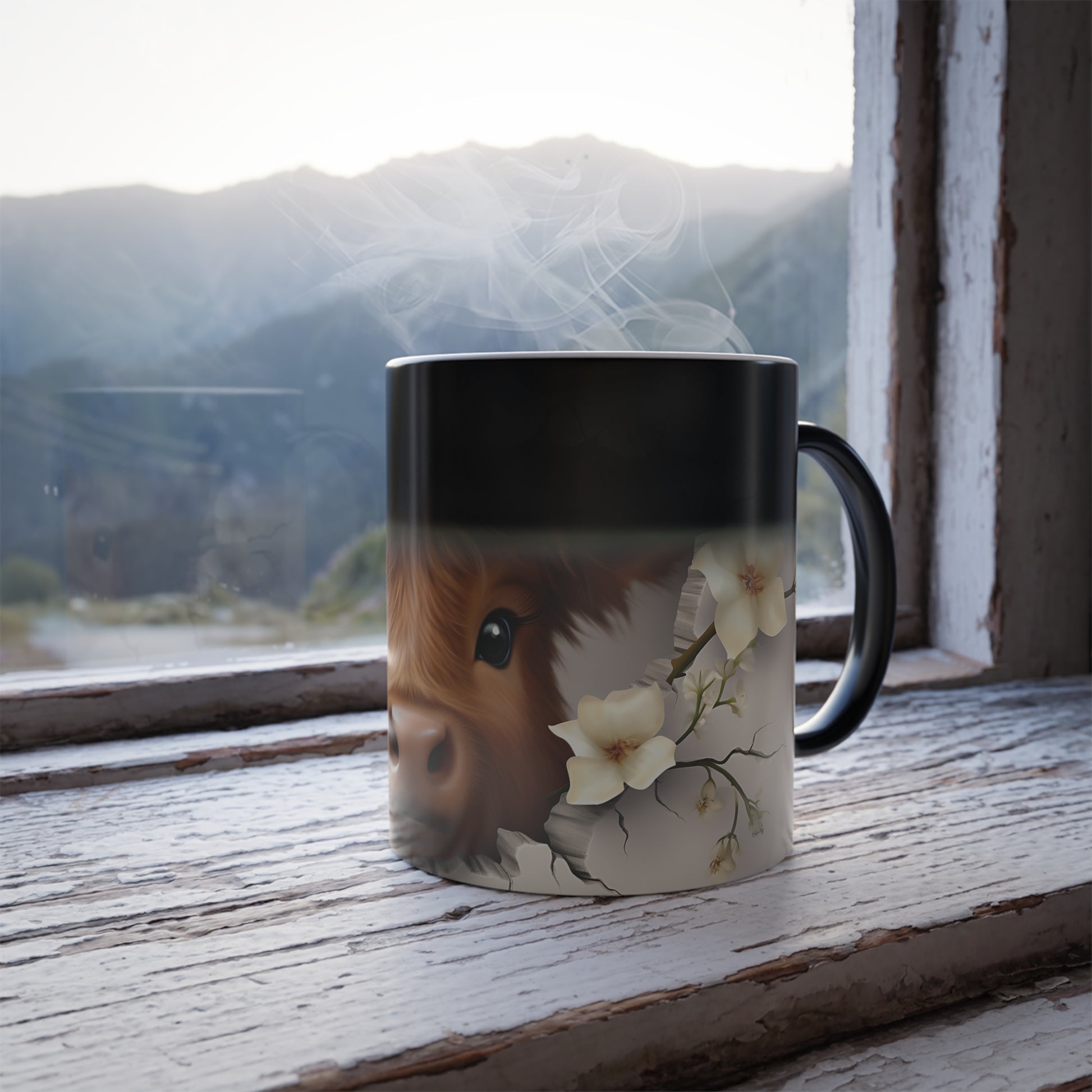 A color-changing 11 oz coffee mug sits on a rustic windowsill with mountains visible in the background. The mug features an image of a highland cow surrounded by soft blossoms, which becomes visible when a hot beverage is poured inside. Steam rises from the mug, adding a cozy feel to the scene.