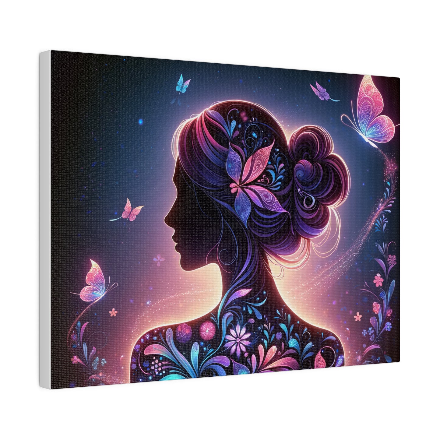 The image displays a side view of the “Butterfly Bliss Matte Canvas, Stretched, 0.75 inch.” The artwork captures a profile silhouette of a woman with her hair in a bun, embellished with colorful butterflies and floral patterns. The canvas is filled with vibrant hues of purple, pink, and blue, and additional butterflies flutter around her. The background features a dark, starry night sky, enhancing the glowing elements and intricate details of the woman’s silhouette, creating a dreamy and ethereal effect.