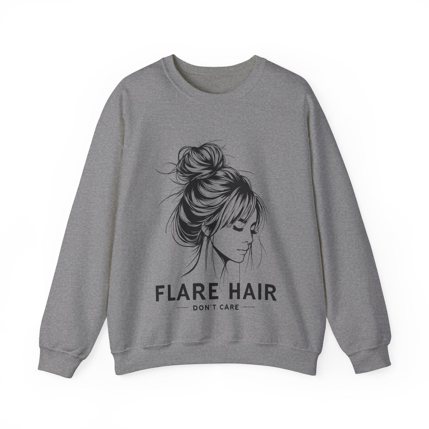 This image shows a heather gray crewneck sweatshirt with the text “FLARE HAIR DON’T CARE” printed on the front. The design includes a black illustration of a woman with her hair in a messy bun. The sweatshirt is displayed flat against a plain white background, clearly showcasing the design and text.