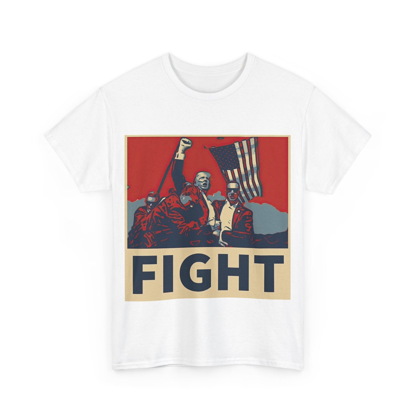 This image shows a white, unisex, heavy cotton t-shirt with a graphic design on the front. The design features a stylized, poster-like illustration of former President Donald Trump raising his fist and standing in front of an American flag. The word “FIGHT” is prominently displayed at the bottom of the illustration in bold capital letters. The graphic uses a color palette reminiscent of red, white, and blue, contributing to a patriotic theme. The t-shirt is displayed on a plain white background.