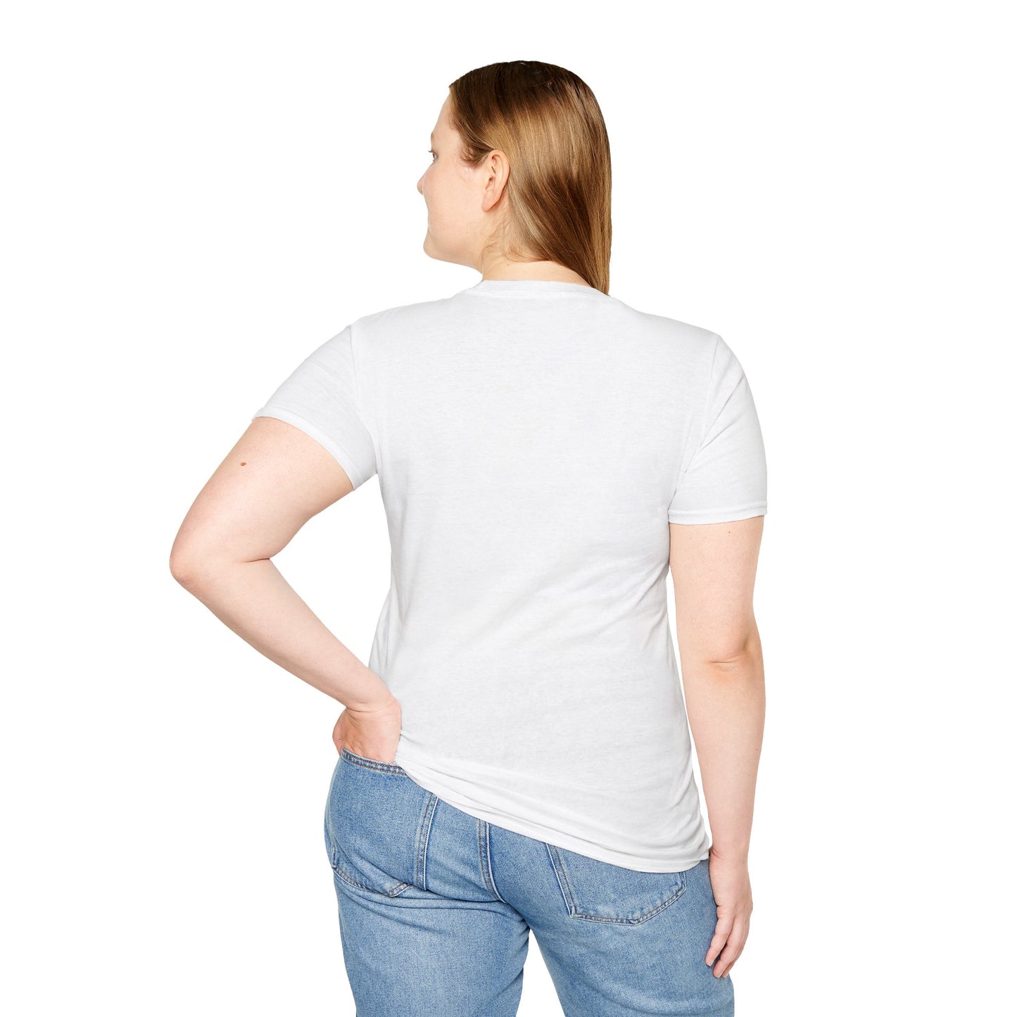 Rear view of a woman wearing a plain white t-shirt, showing the back side. She has blonde hair and is posing with one hand on her hip, wearing light blue jeans.