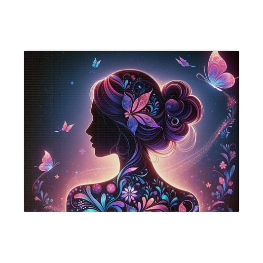 0.75 inch.” The artwork features the silhouette of a woman in profile with her hair styled in an elegant bun. The silhouette is intricately adorned with vibrant floral and butterfly patterns in shades of purple, pink, and blue. Butterflies are depicted flying around her, adding a sense of whimsy and movement to the piece. The background is a dark, starry sky that enhances the vivid colors and delicate details of the artwork.