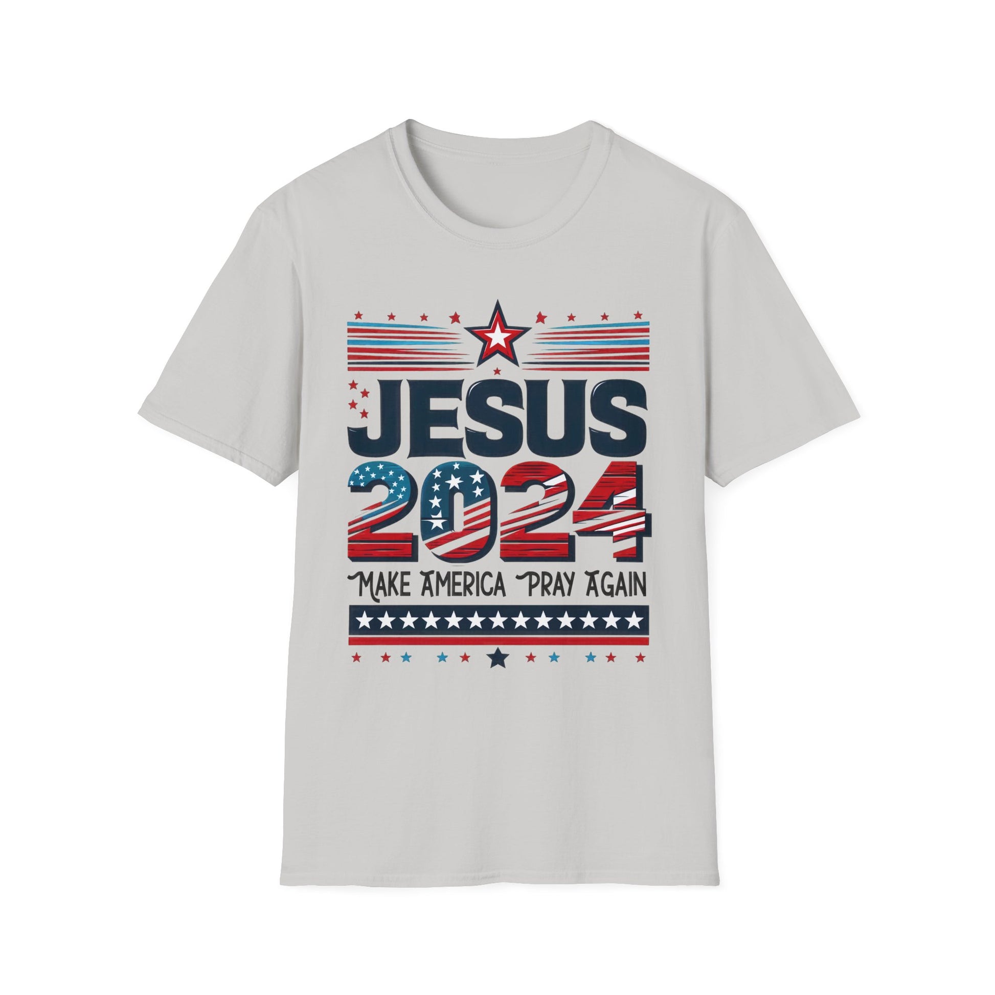 Ice Grey t-shirt with a design that features ‘JESUS 2024’ in bold letters, styled with stars and stripes. Below it, the phrase ‘Make America Pray Again’ is displayed, surrounded by star accents.”