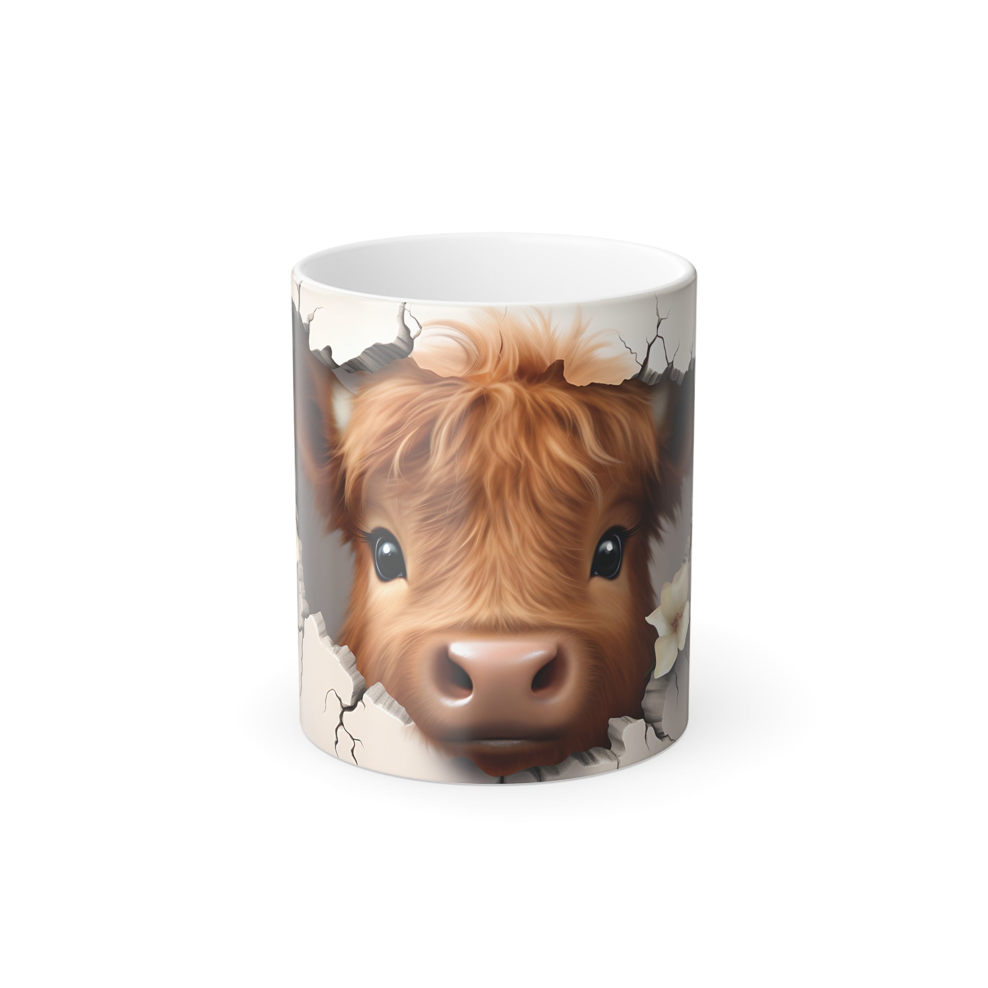 An image of an 11 oz color shifting coffee mug. There is a cute highland cow appearing to break through the mug looking at you. The background is white. 