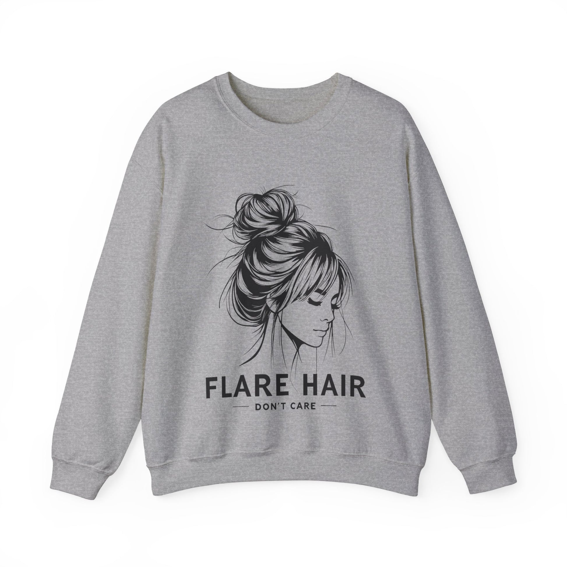 This image shows a sport gray crewneck sweatshirt with the text “FLARE HAIR DON’T CARE” printed on the front. The design includes a black illustration of a woman with her hair in a messy bun. The sweatshirt is displayed flat against a plain white background, clearly showcasing the design and text.