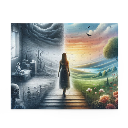 A 120-piece puzzle titled “Thru Darkness: A Journey of Resilience” features a powerful image of the contrast between two worlds. On the left side, a dark and somber scene shows a hospital room with a patient in bed, skeletal figures, and barren trees under a stormy sky. On the right side, a woman walks towards a bright vibrant landscape filled with green hills, blooming flowers, and a clear sky, symbolizing hope and resilience. The puzzle pieces are visible, adding texture to the image.