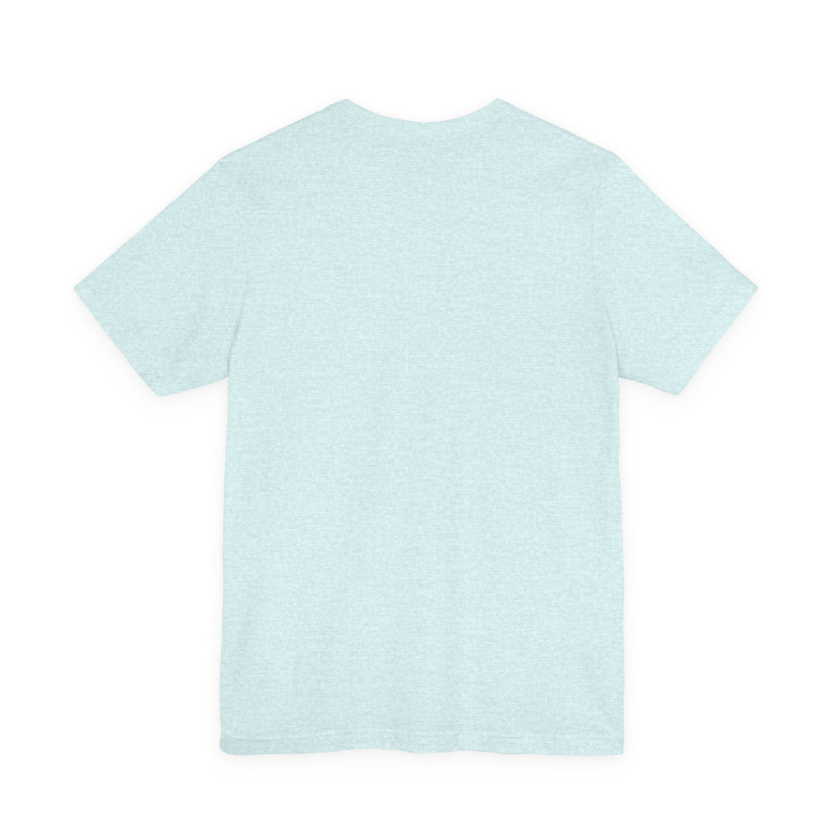 A plain heather prism ice blue colored short-sleeve crewneck t-shirt shown from the back, laid flat against a solid white background.