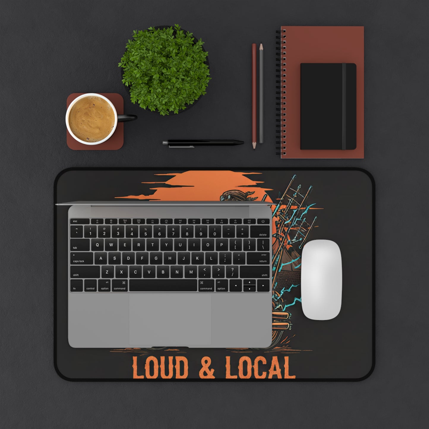 Desk Mat — "Loud & Local" Skeleton Rider Radio Tower Motorcycle Gaming/Work Mousepad