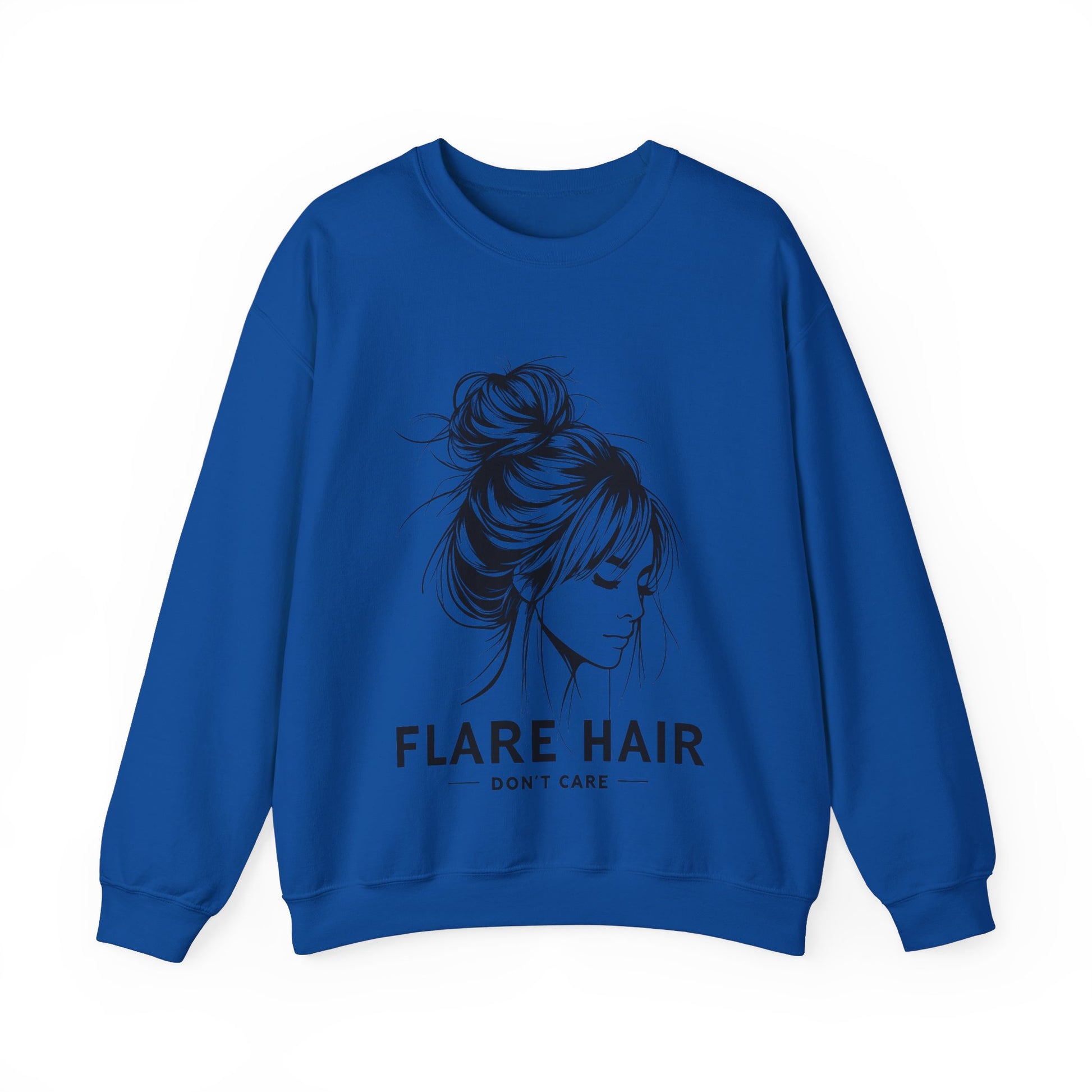 This image shows a royal blue crewneck sweatshirt with the text “FLARE HAIR DON’T CARE” printed on the front. The design includes a black illustration of a woman with her hair in a messy bun. The sweatshirt is displayed flat against a plain white background, clearly showcasing the design and text.