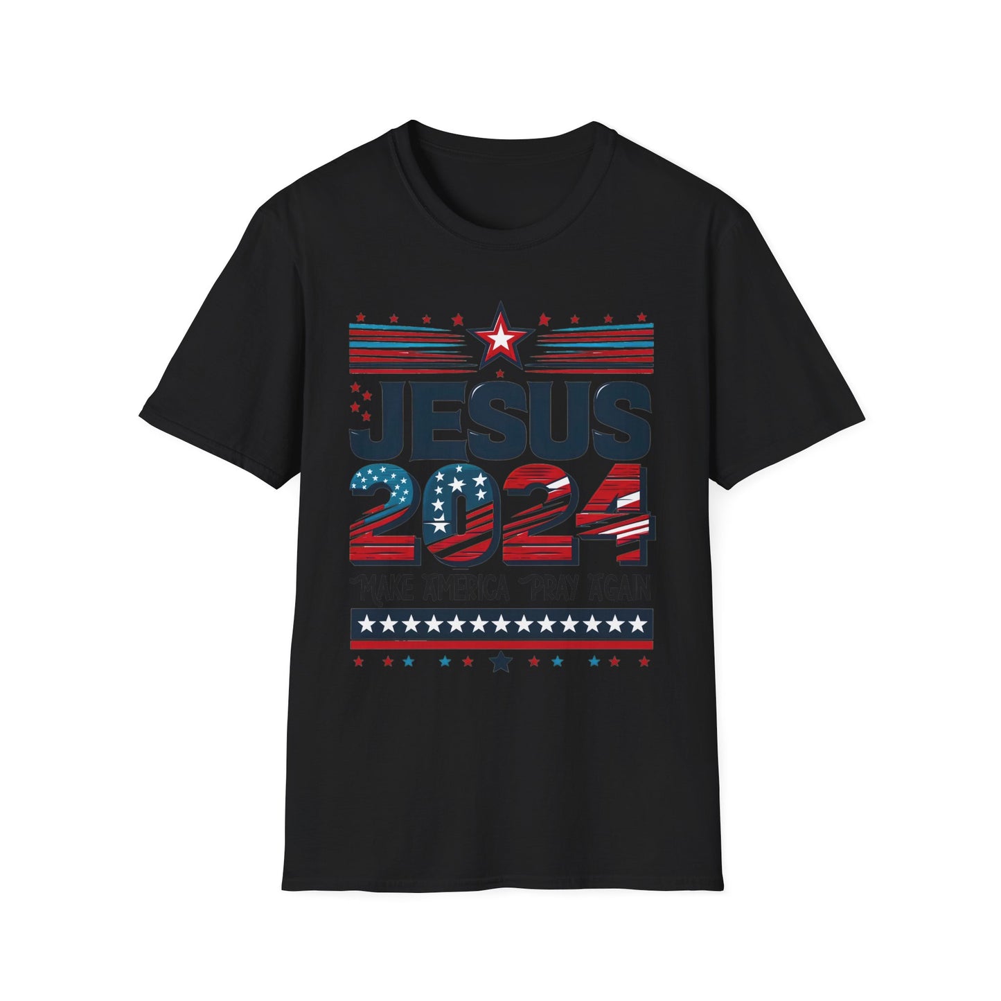 Black t-shirt with a design that features ‘JESUS 2024’ in bold letters, styled with stars and stripes. Below it, the phrase ‘Make America Pray Again’ is displayed, surrounded by star accents.”