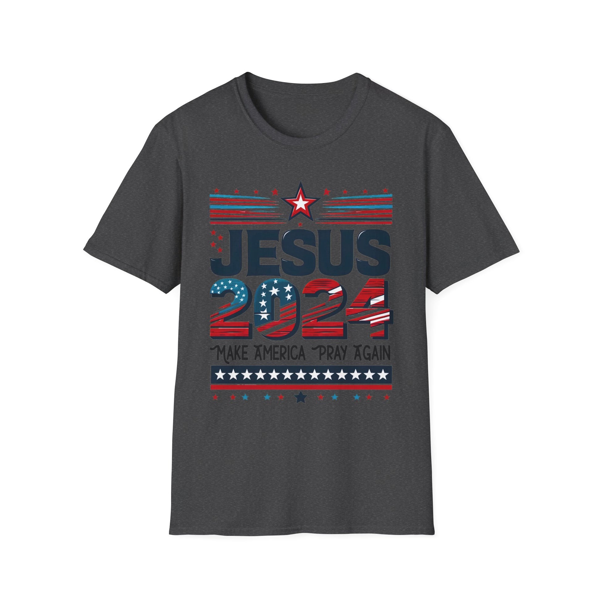 Dark Heather t-shirt with a design that features ‘JESUS 2024’ in bold letters, styled with stars and stripes. Below it, the phrase ‘Make America Pray Again’ is displayed, surrounded by star accents.”