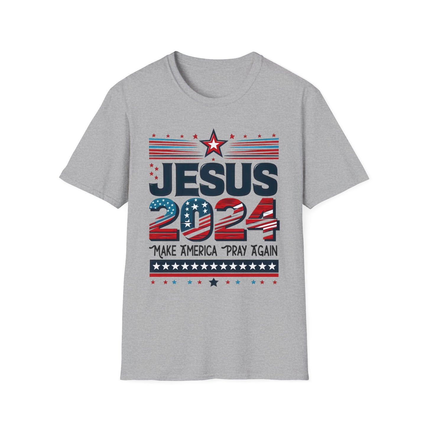 Sport grey t-shirt with a design that features ‘JESUS 2024’ in bold letters, styled with stars and stripes. Below it, the phrase ‘Make America Pray Again’ is displayed, surrounded by star accents.”