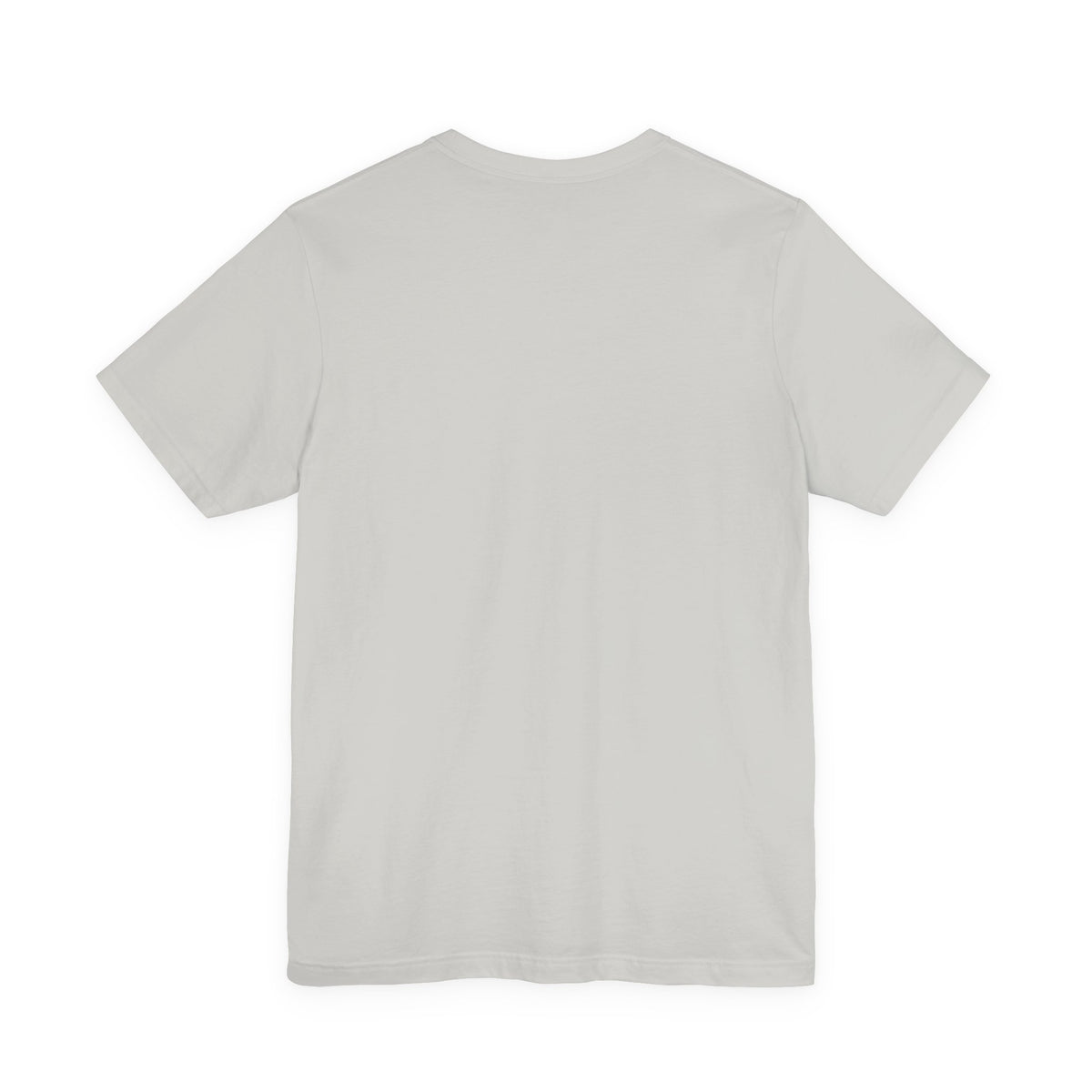 A plain silver colored short-sleeve crewneck t-shirt shown from the back, laid flat against a solid white background.