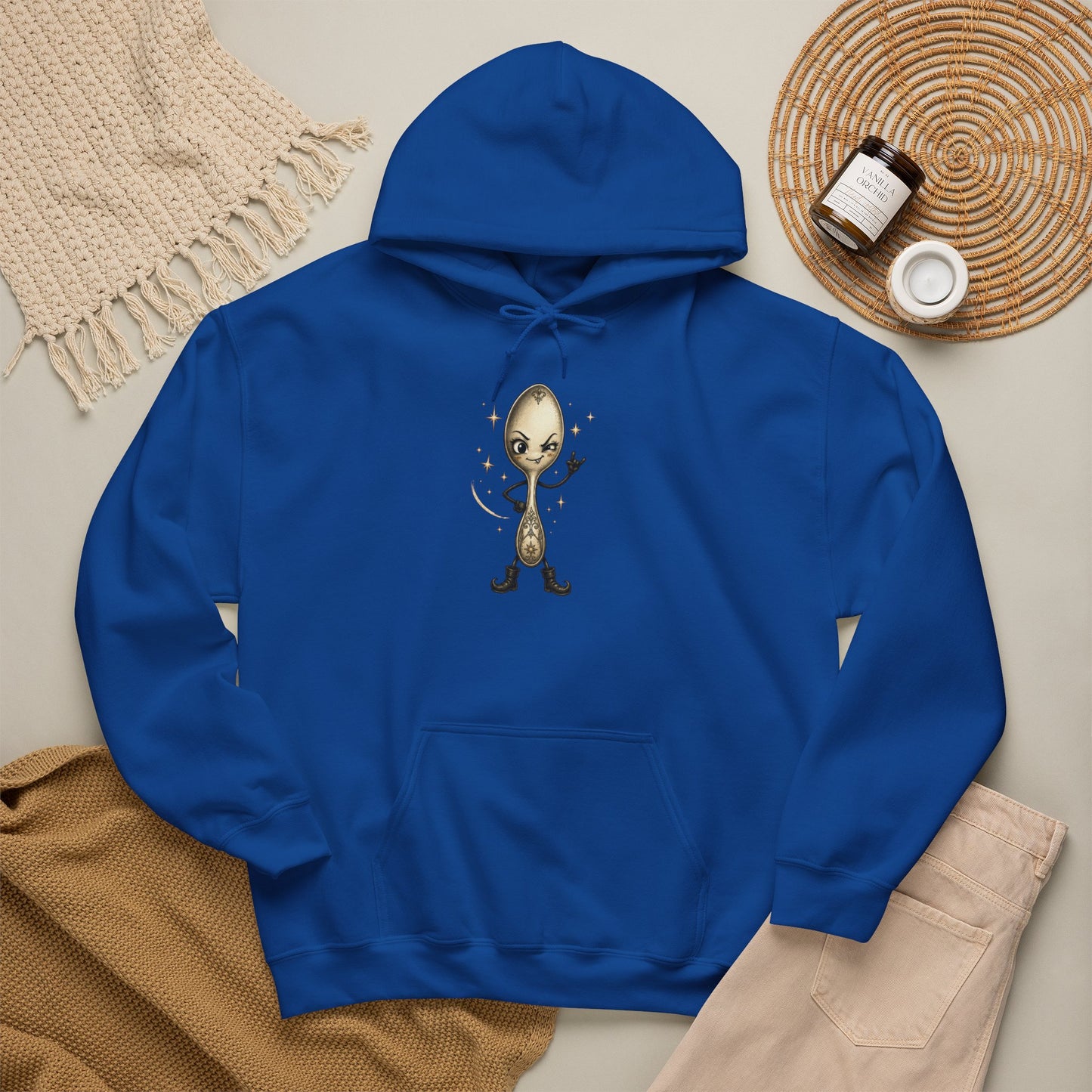 A royal blue pullover hoodie laid flat with a central graphic of a cartoon spoon in true rock spirit hand. 