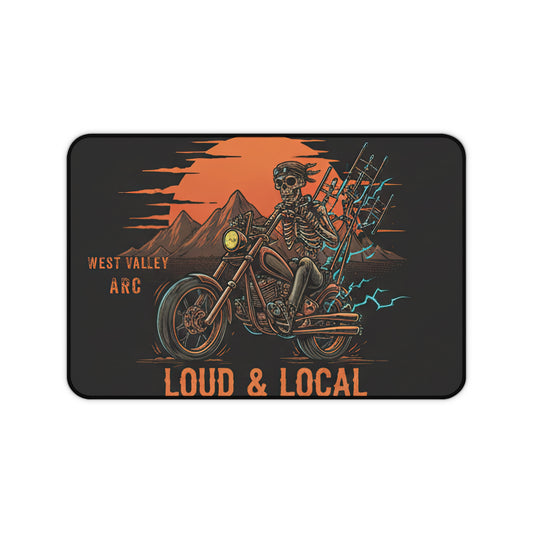 Desk Mat — "Loud & Local" Skeleton Rider Radio Tower Motorcycle Gaming/Work Mousepad