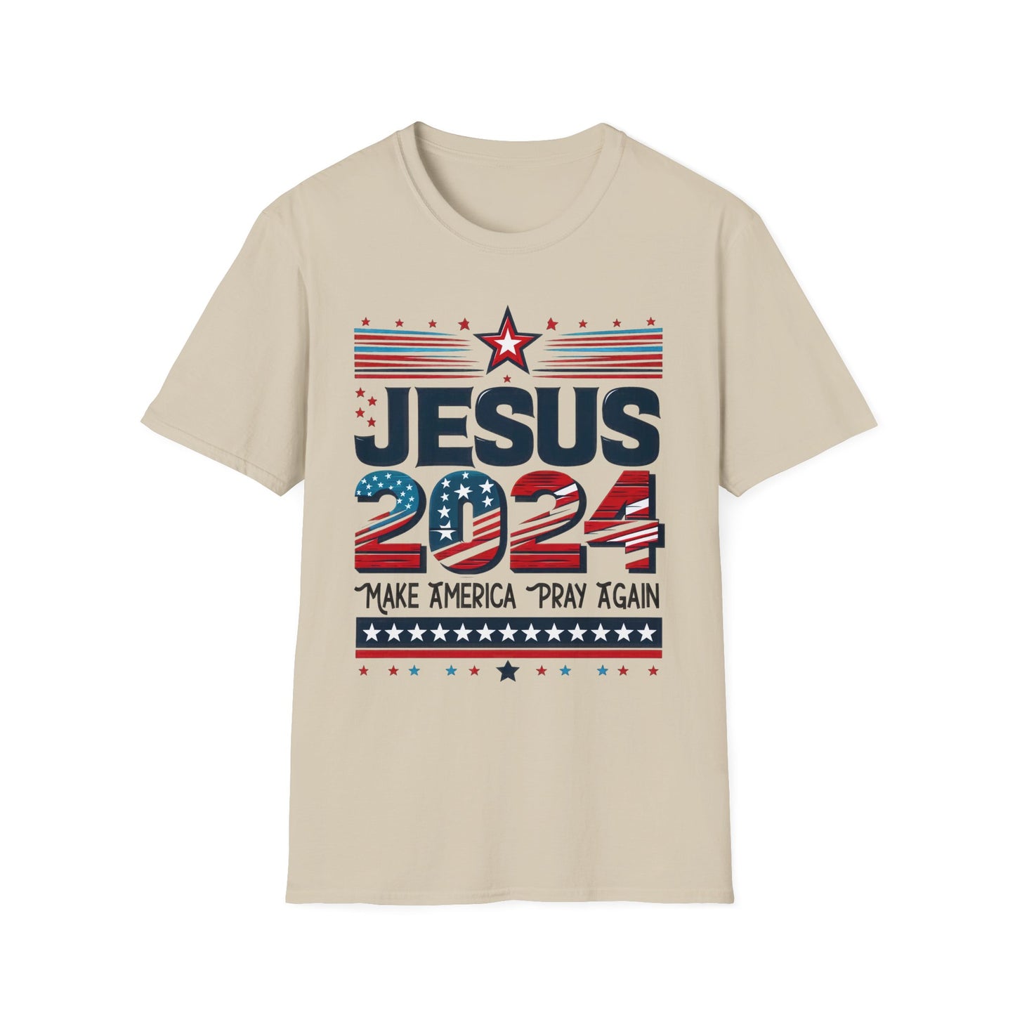 Sand colored t-shirt with a design that features ‘JESUS 2024’ in bold letters, styled with stars and stripes. Below it, the phrase ‘Make America Pray Again’ is displayed, surrounded by star accents.”