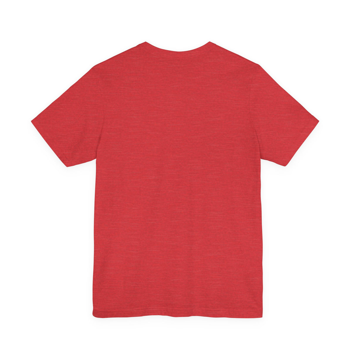 A plain heather red colored short-sleeve crewneck t-shirt shown from the back, laid flat against a solid white background.