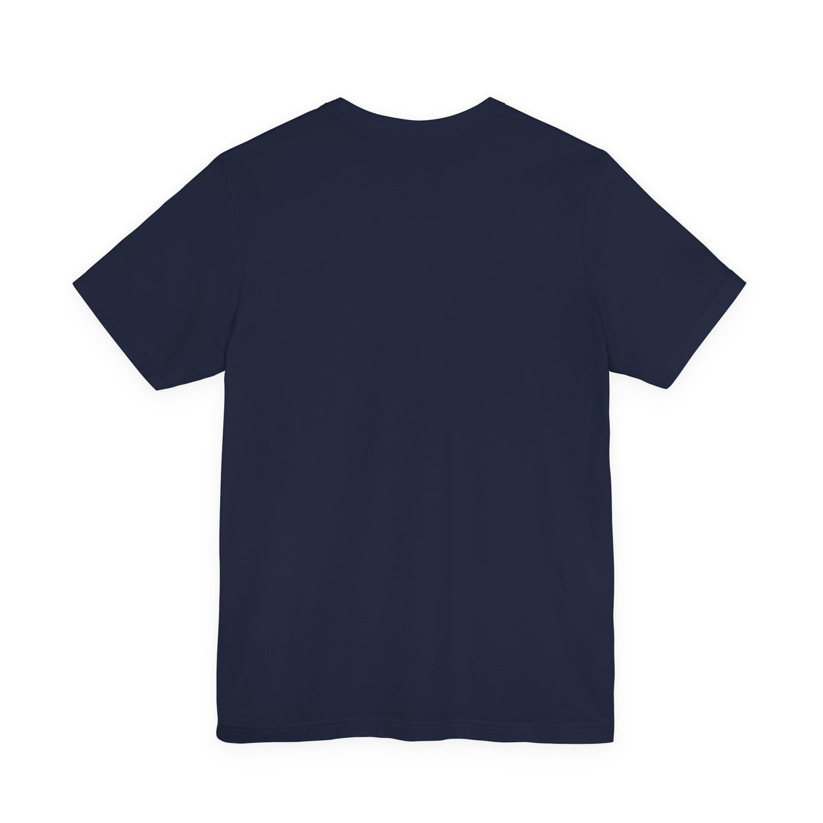 A plain navy colored short-sleeve crewneck t-shirt shown from the back, laid flat against a solid white background.