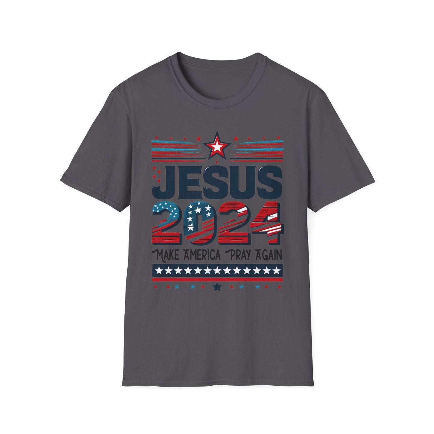 Charcoal colored t-shirt with a design that features ‘JESUS 2024’ in bold letters, styled with stars and stripes. Below it, the phrase ‘Make America Pray Again’ is displayed, surrounded by star accents.”