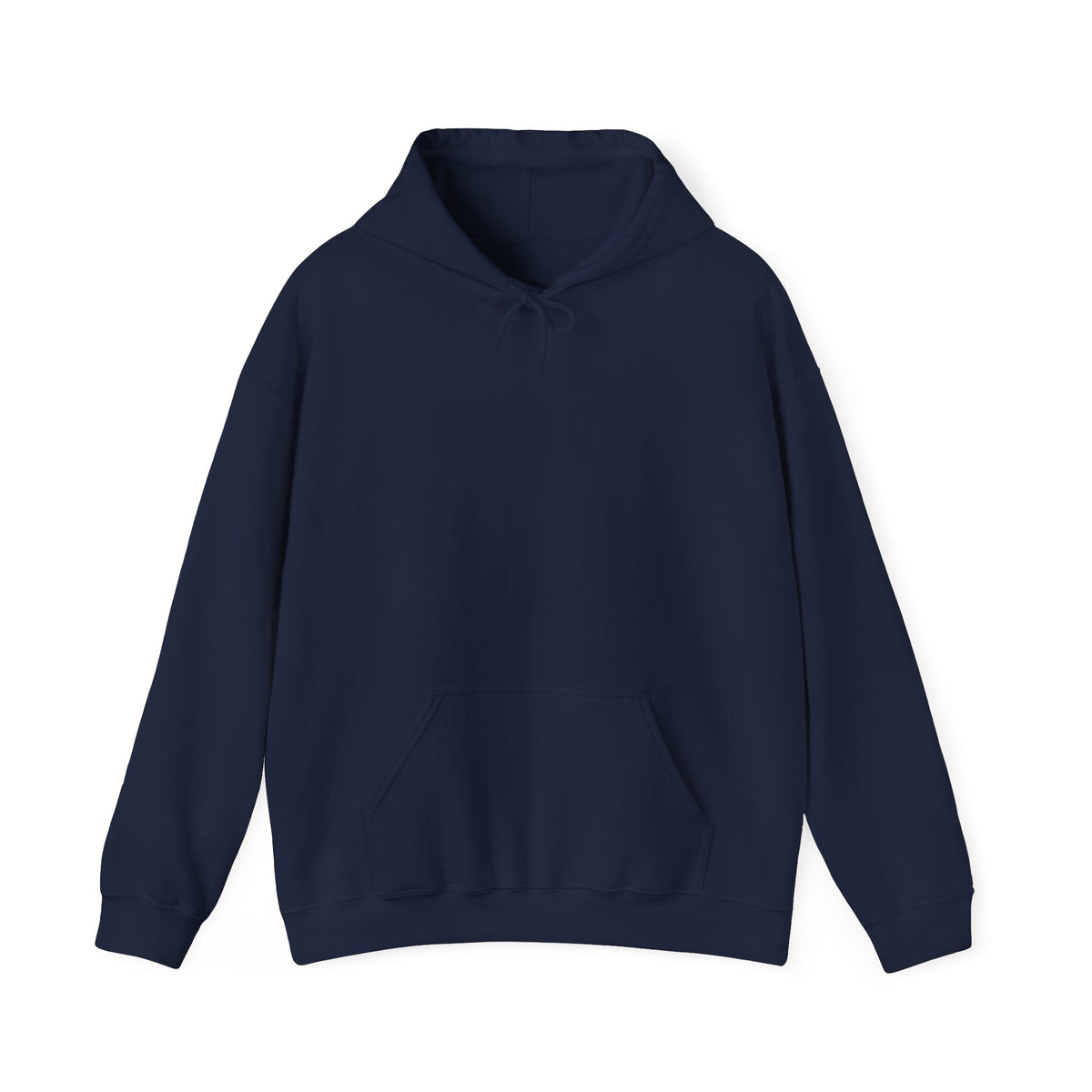 A plain navy hoodie shown from the front, laid flat against a solid white background. The design is on the back.