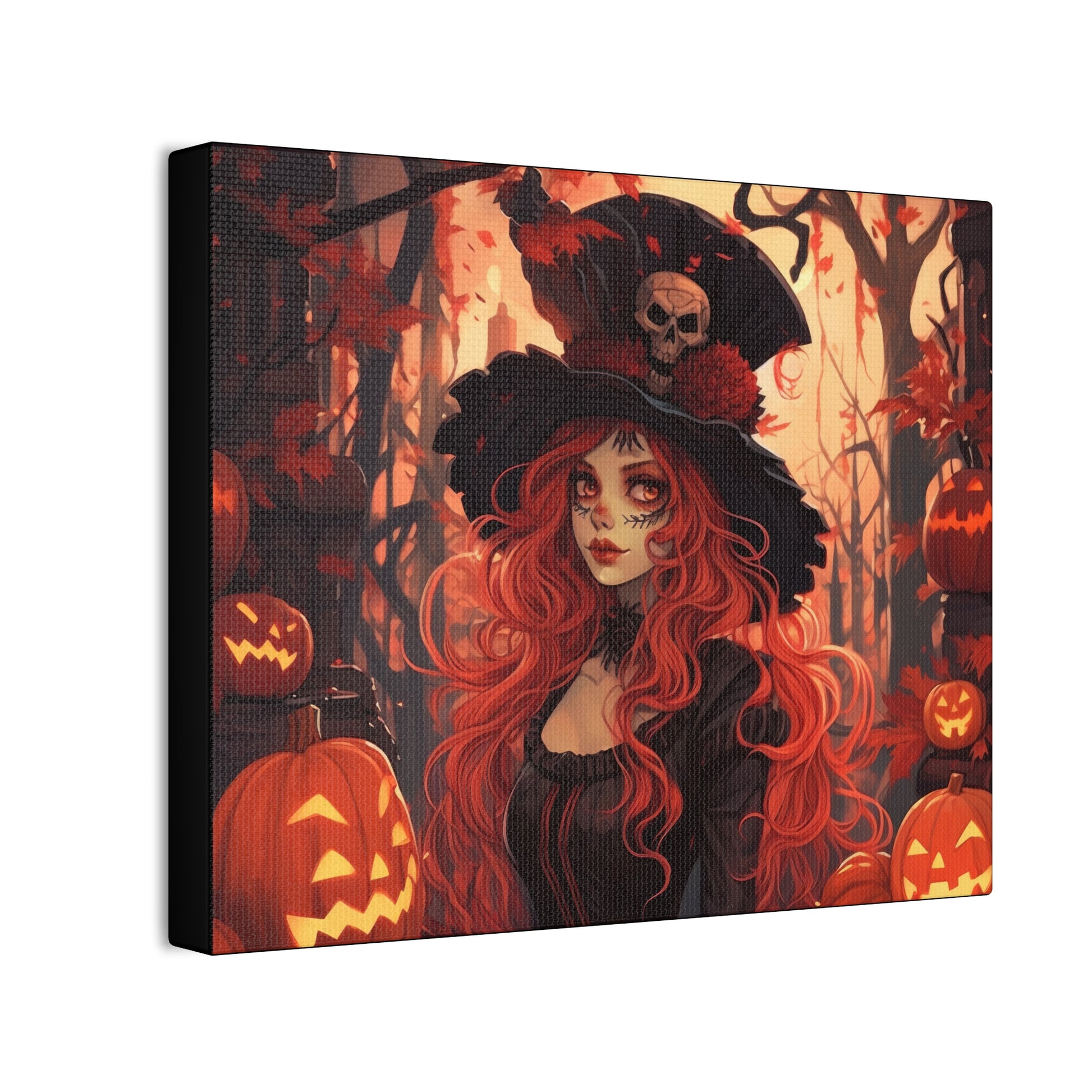 An illustration titled “Pumpkin Queen” is printed on a canvas. It depicts a red-haired witch with a skull-adorned black hat, standing in a spooky forest filled with carved pumpkins and autumn leaves. The scene is bathed in warm, eerie lighting, enhancing the Halloween atmosphere. The canvas is shown at an angle, highlighting its depth.