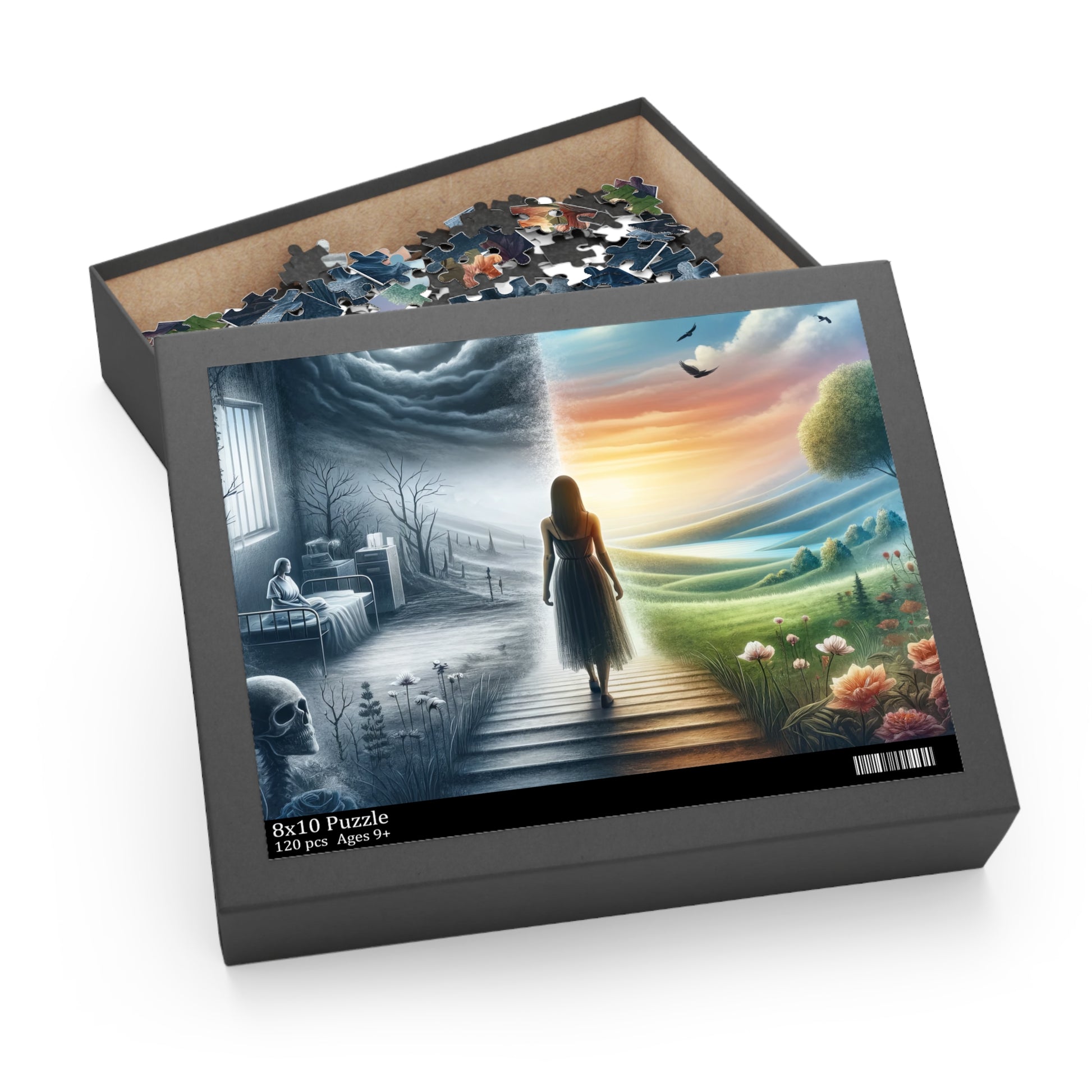 A 120-piece puzzle titled “Thru Darkness: a Journey of Resilience” is shown in an open box with the puzzle pieces inside. The box lid features the artwork, depicting a woman walking from a dark, stormy scene to a bright, colorful landscape, symbolizing a journey from despair to hope.