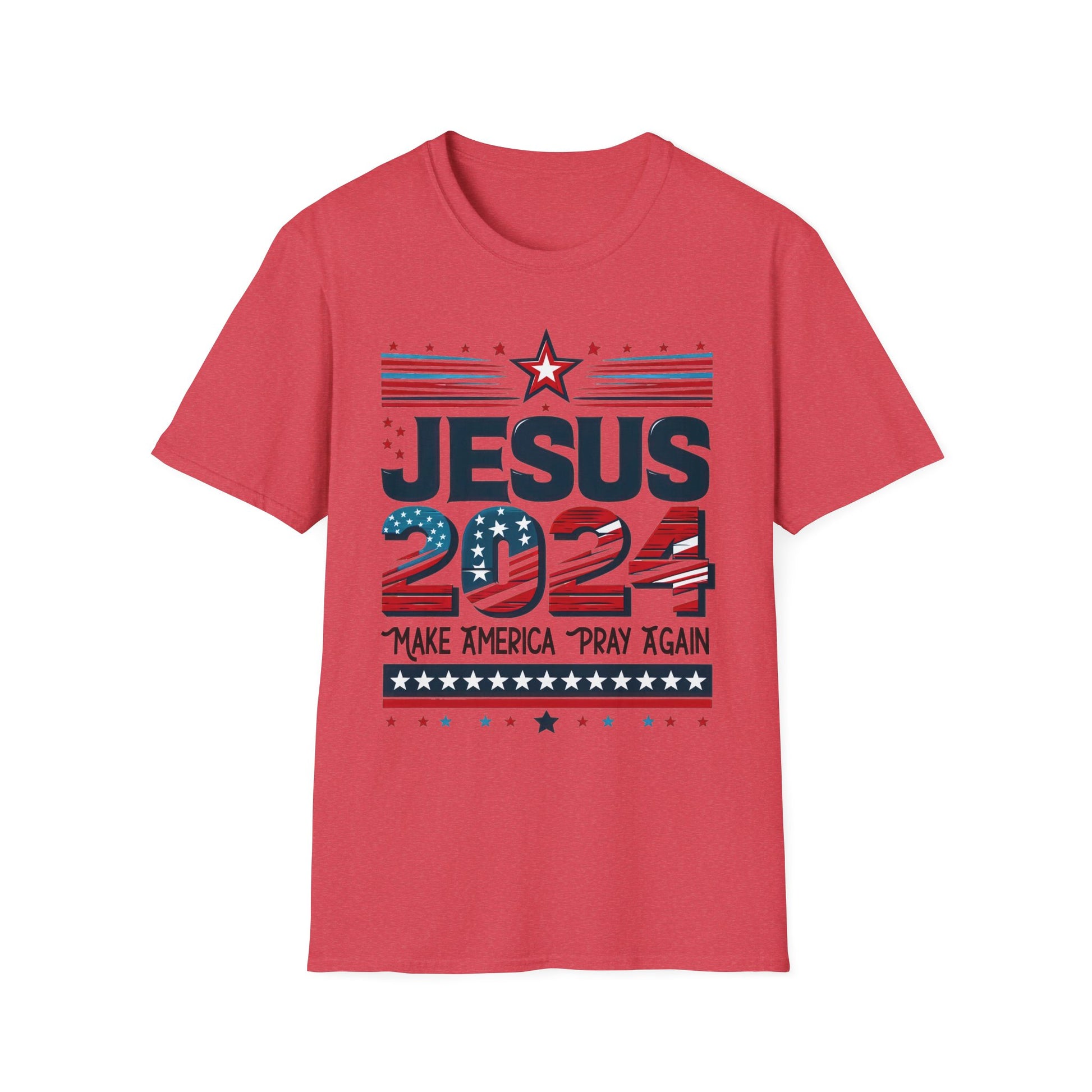 Heather Red colored t-shirt with a design that features ‘JESUS 2024’ in bold letters, styled with stars and stripes. Below it, the phrase ‘Make America Pray Again’ is displayed, surrounded by star accents.”