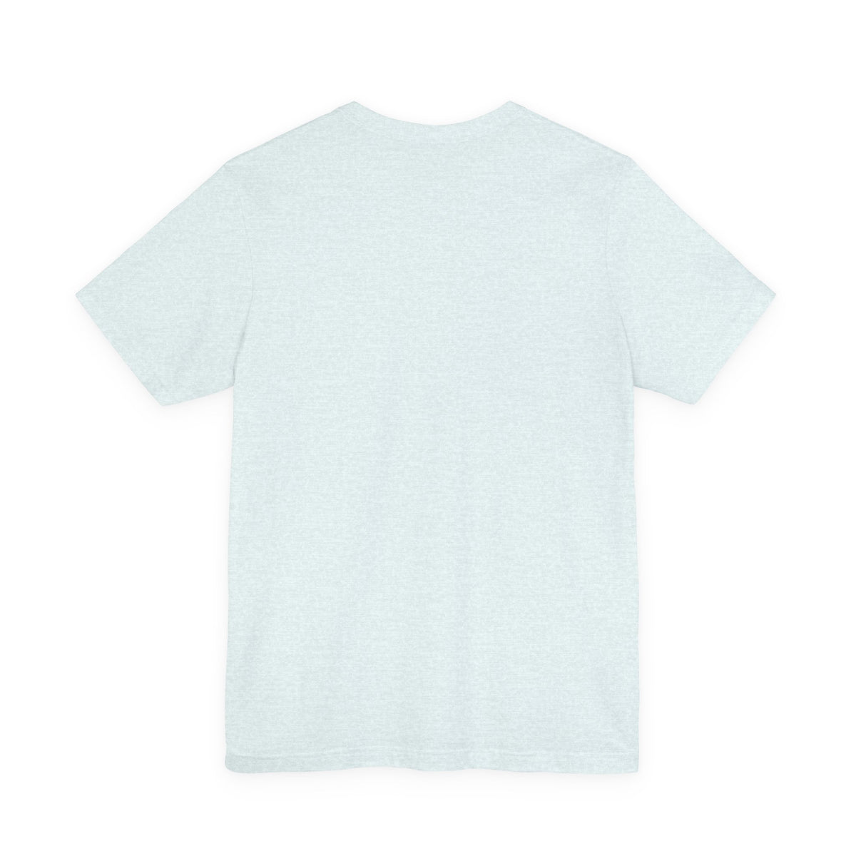 A plain heather ice blue colored short-sleeve crewneck t-shirt shown from the back, laid flat against a solid white background.