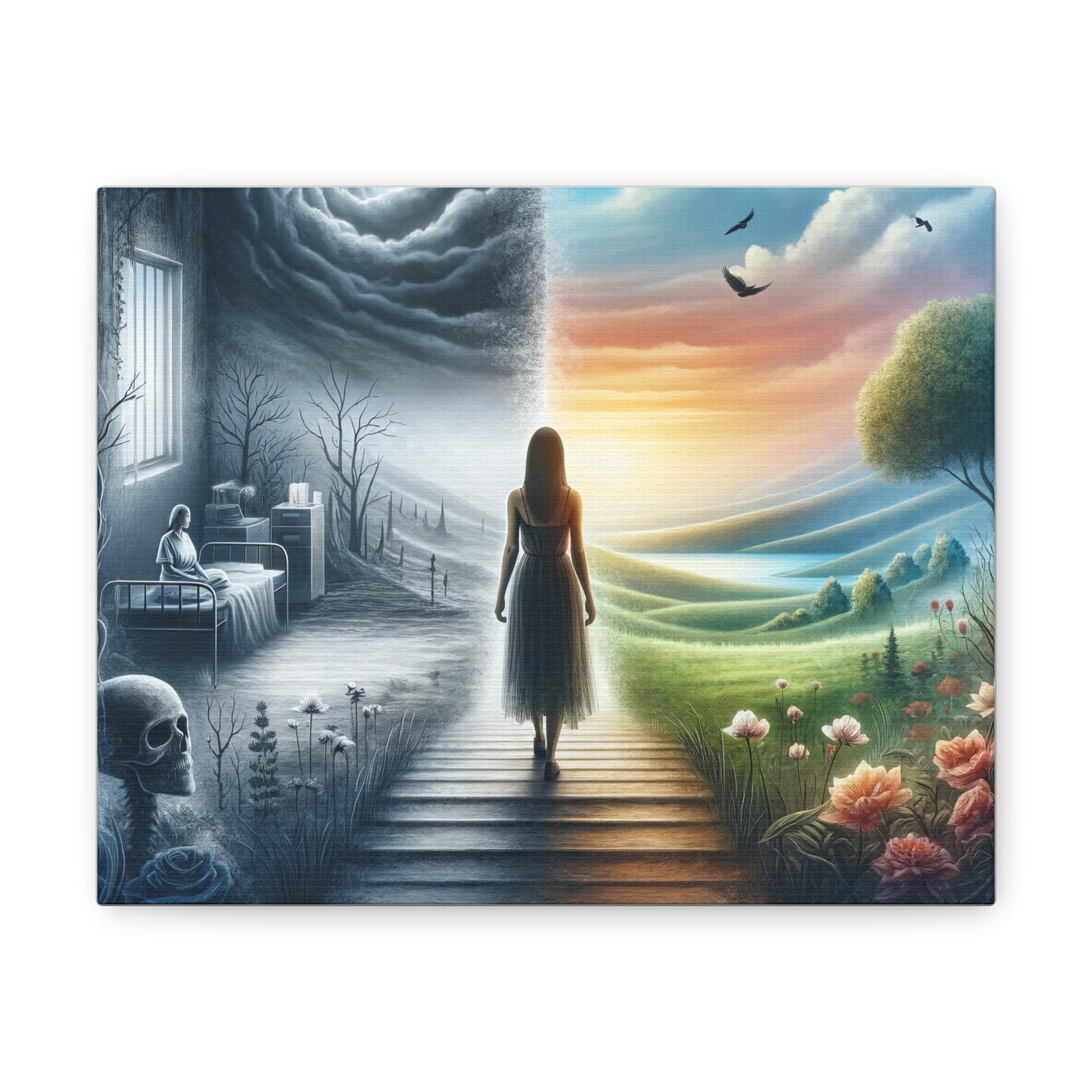 A canvas artwork titled “Thru Darkness: A Journey of Resilience” it shows the powerful contrast between two worlds. On the left side, it's dark and somber, with a hospital room and a patient in bed, skeletal figures, and barren trees under a stormy sky. On the right side, a woman walks towards a bright and vibrant landscape filled with green hills, blooming flowers, and a clear sky with birds flying, symbolizing hope and resilience.