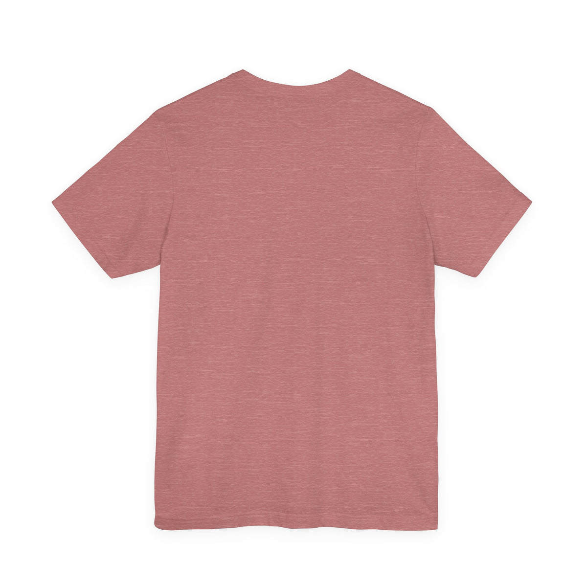 A plain heather mauve colored short-sleeve crewneck t-shirt shown from the back, laid flat against a solid white background.