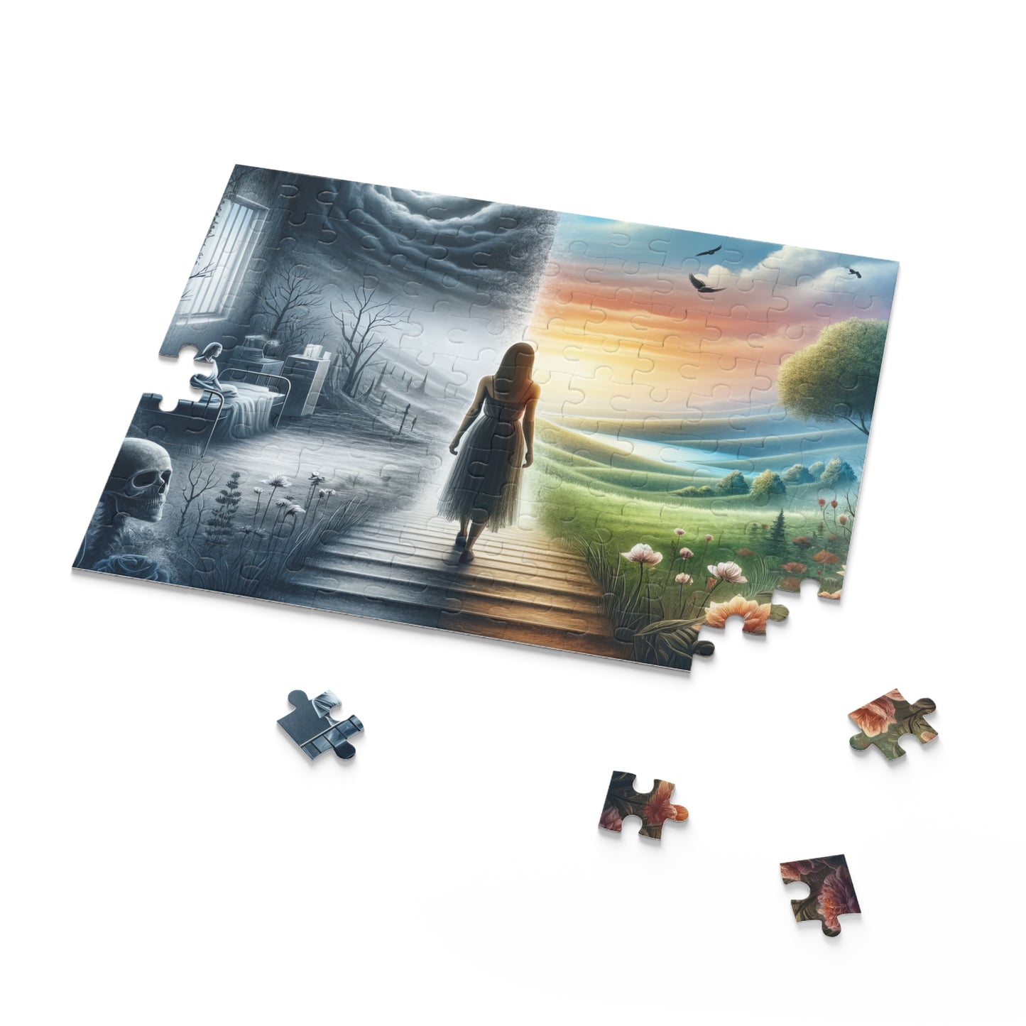 A partially completed 120-piece puzzle titled “Thru Darkness: a Journey of Resilience” lies on a white surface. The puzzle image depicts a woman walking from a dark, stormy scene to a bright, colorful landscape, symbolizing a journey from despair to hope. Several puzzle pieces are scattered around the main puzzle, highlighting the work in progress.