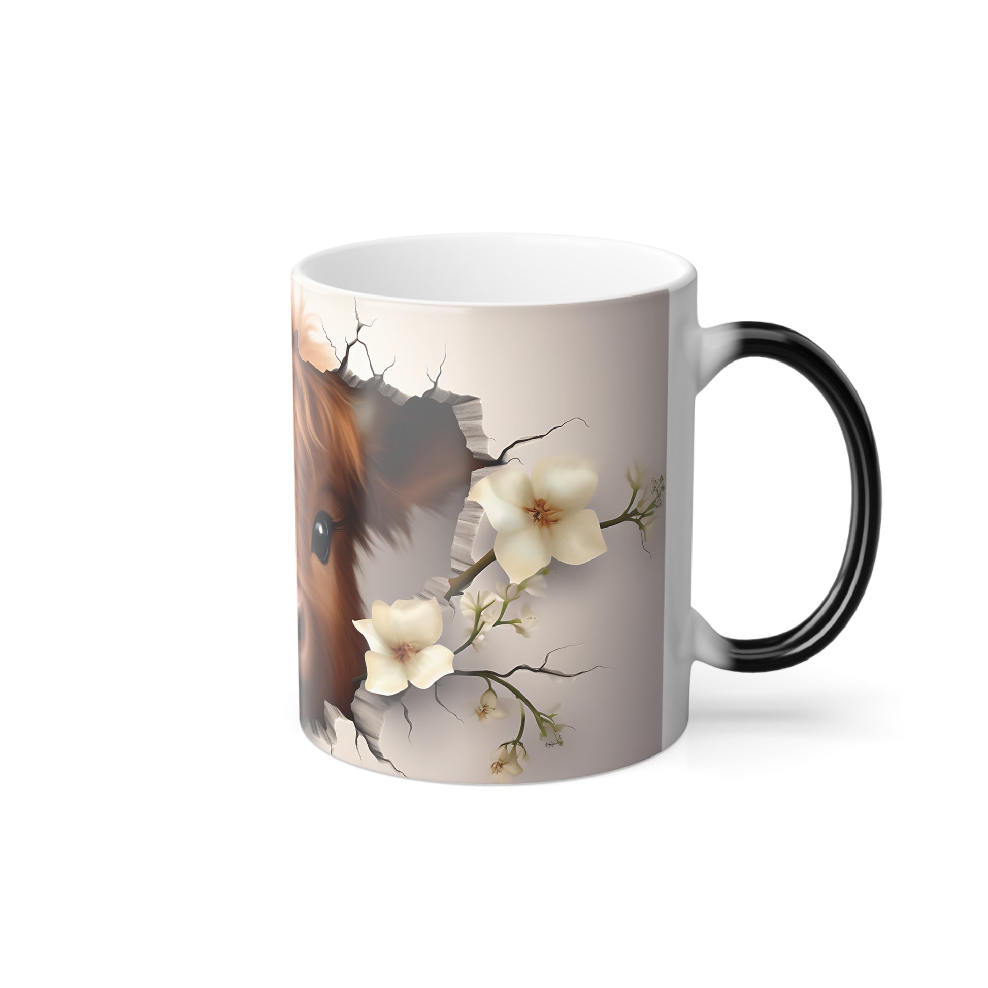 side view of highland cow color changing mug. shows the flower blossoms and one side of the mug. 