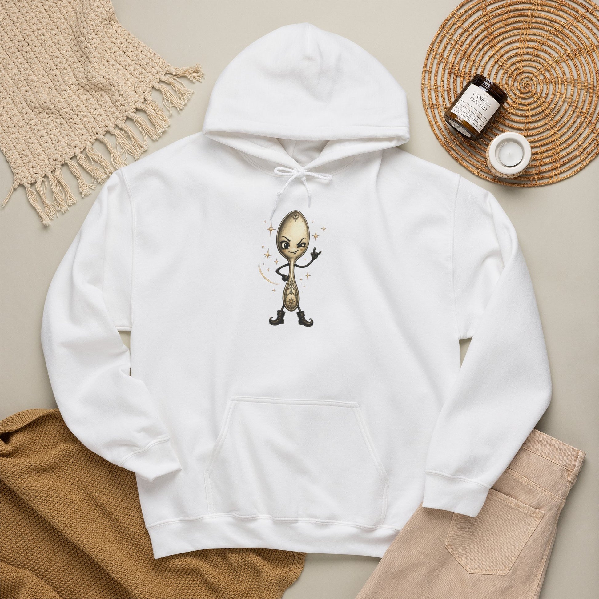 A white pullover hoodie laid flat with a central graphic of a cartoon spoon in true rock spirit hand. 