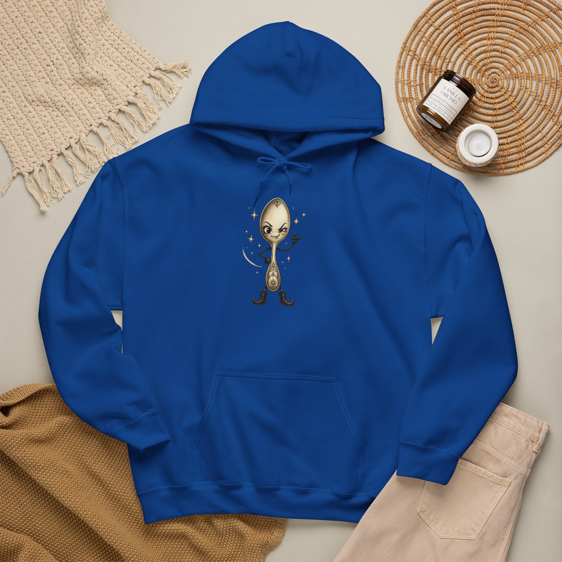 Royal Blue pullover hoodie laid flat, featuring a whimsical vintage-style spoon character making a rock hand gesture, surrounded by small star accents.