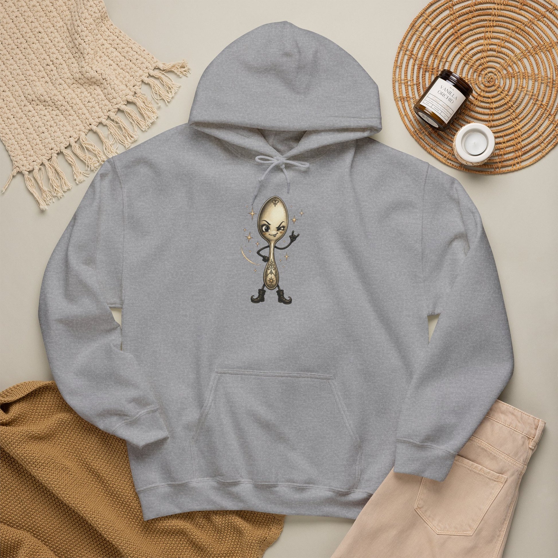 Sport Grey colored pullover hoodie laid flat, featuring a whimsical vintage-style spoon character making a rock hand gesture, surrounded by small star accents.